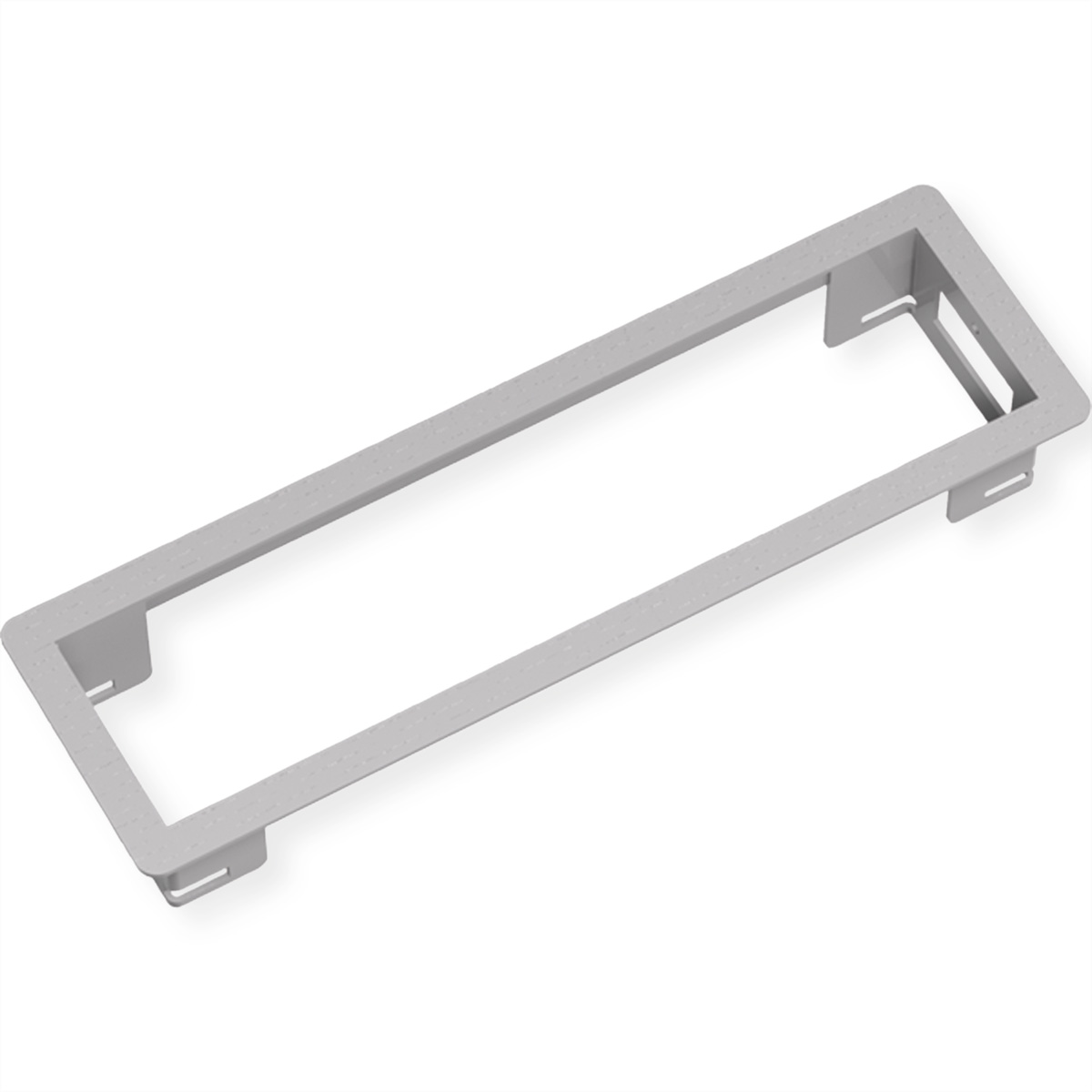 Cornice in metallo argentato, forma rettangolare, con ritagli sui lati.