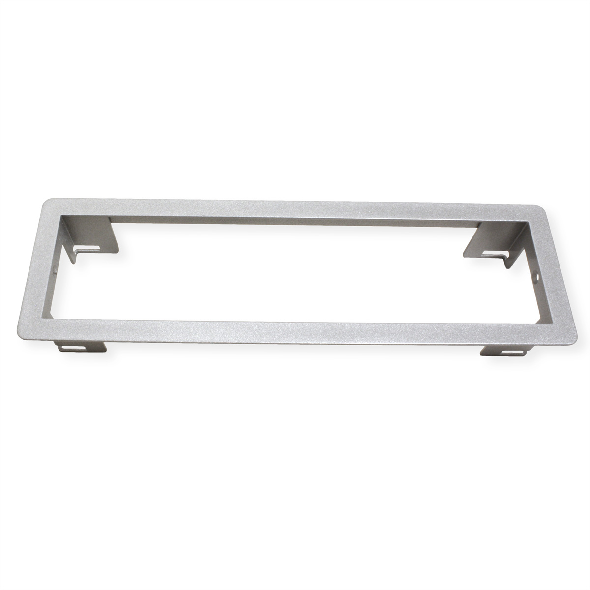 Una cornice in metallo argentato di forma rettangolare con gambe di supporto.