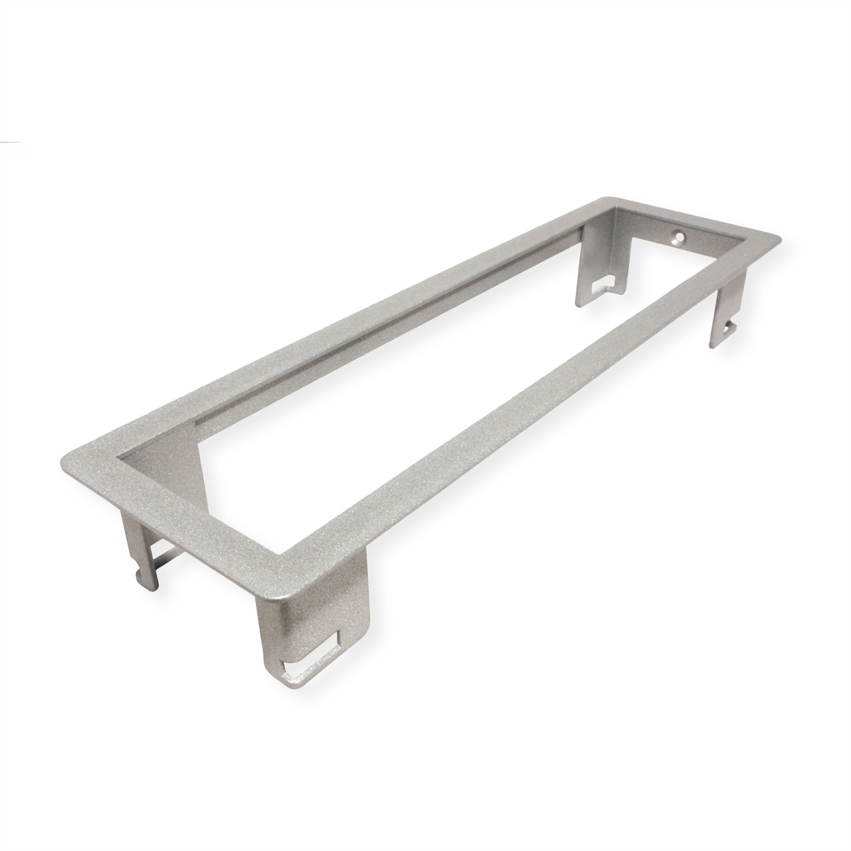 Cornice in metallo argentato, forma rettangolare, con gambe di supporto.