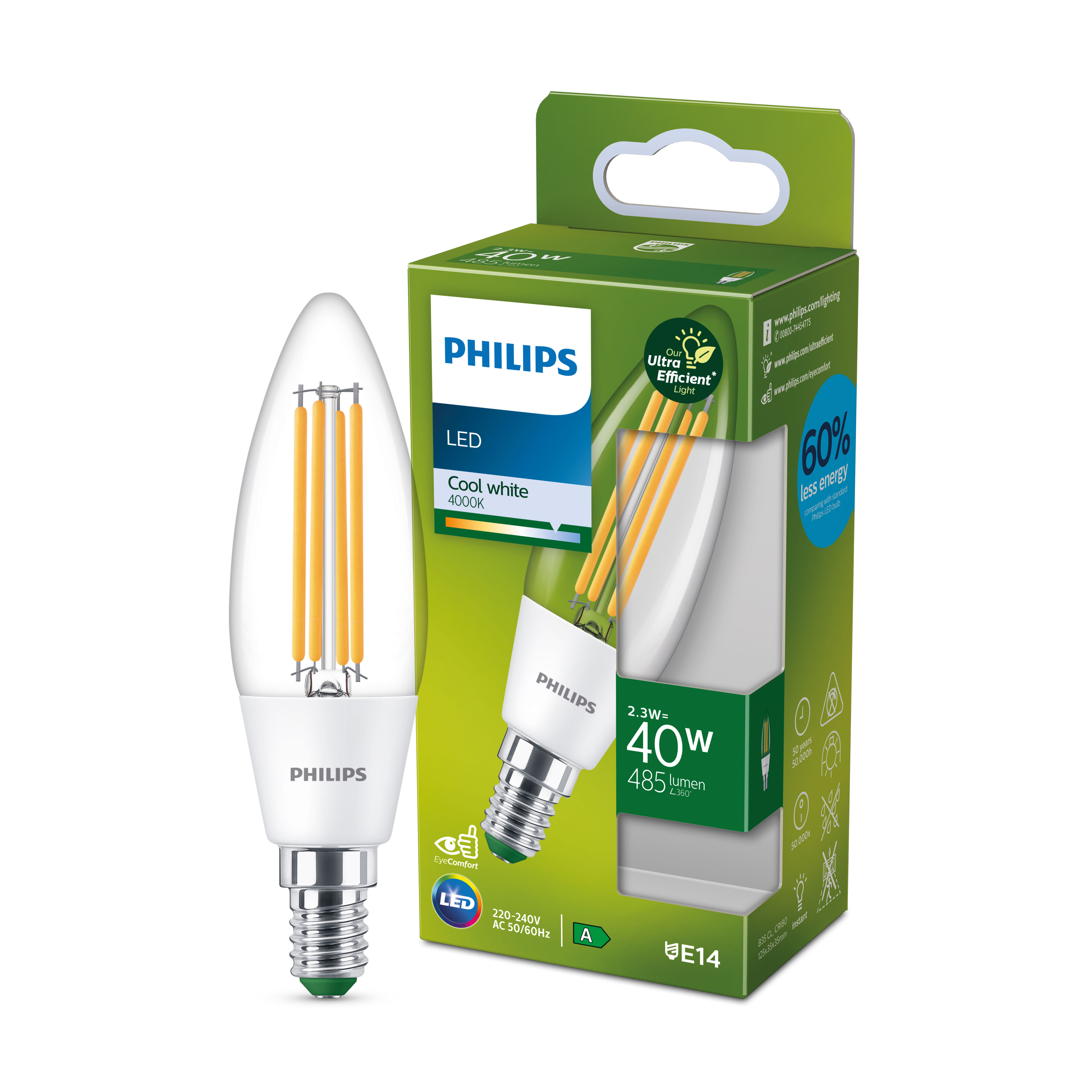 Ampoule blanche et boîte avec la marque Philips. Texte: "LED", "Blanc Froid", "60% moins d'énergie", "40W" et "485 lumens".