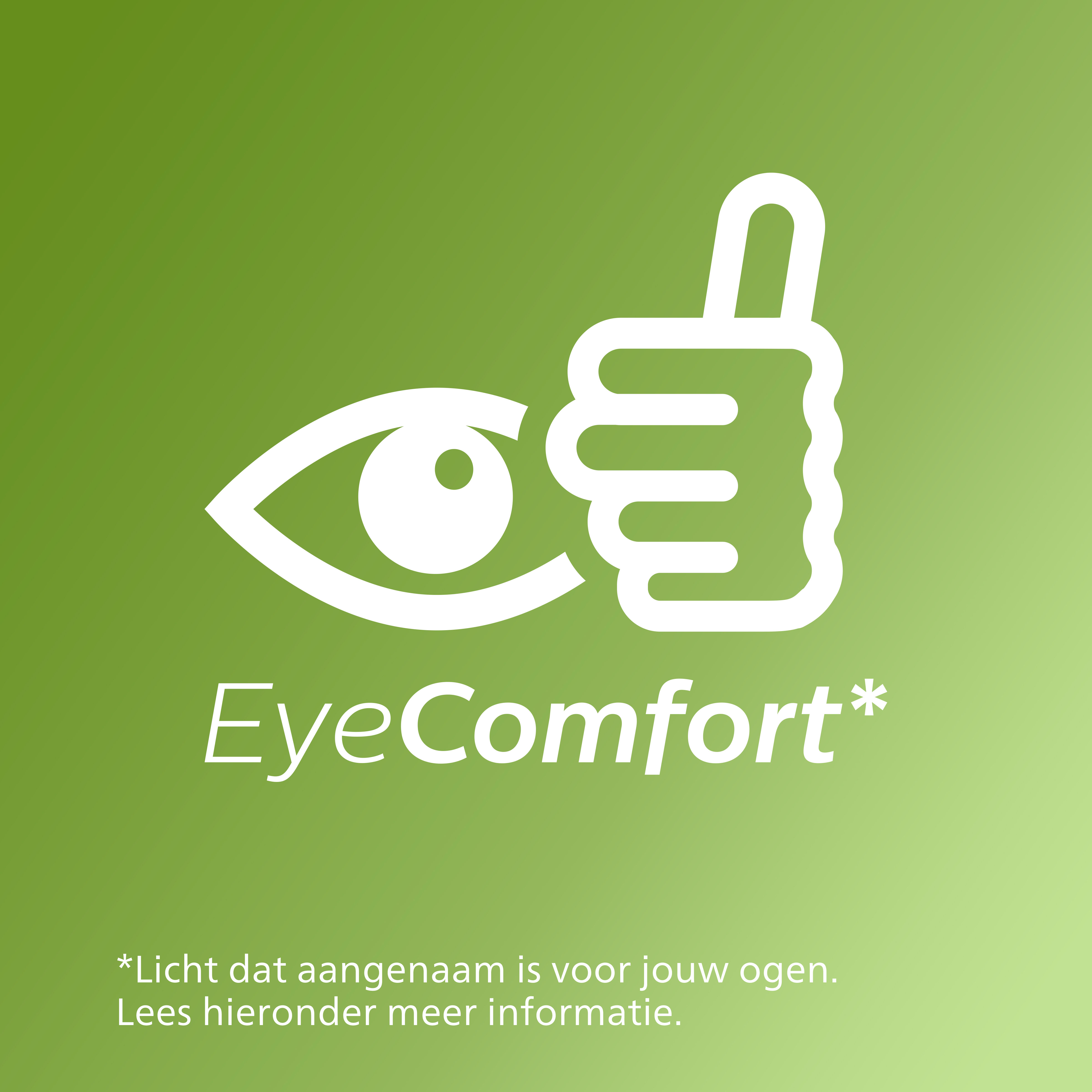 Logo EyeComfort: œil avec pouce levé. Fond vert avec texte en néerlandais.