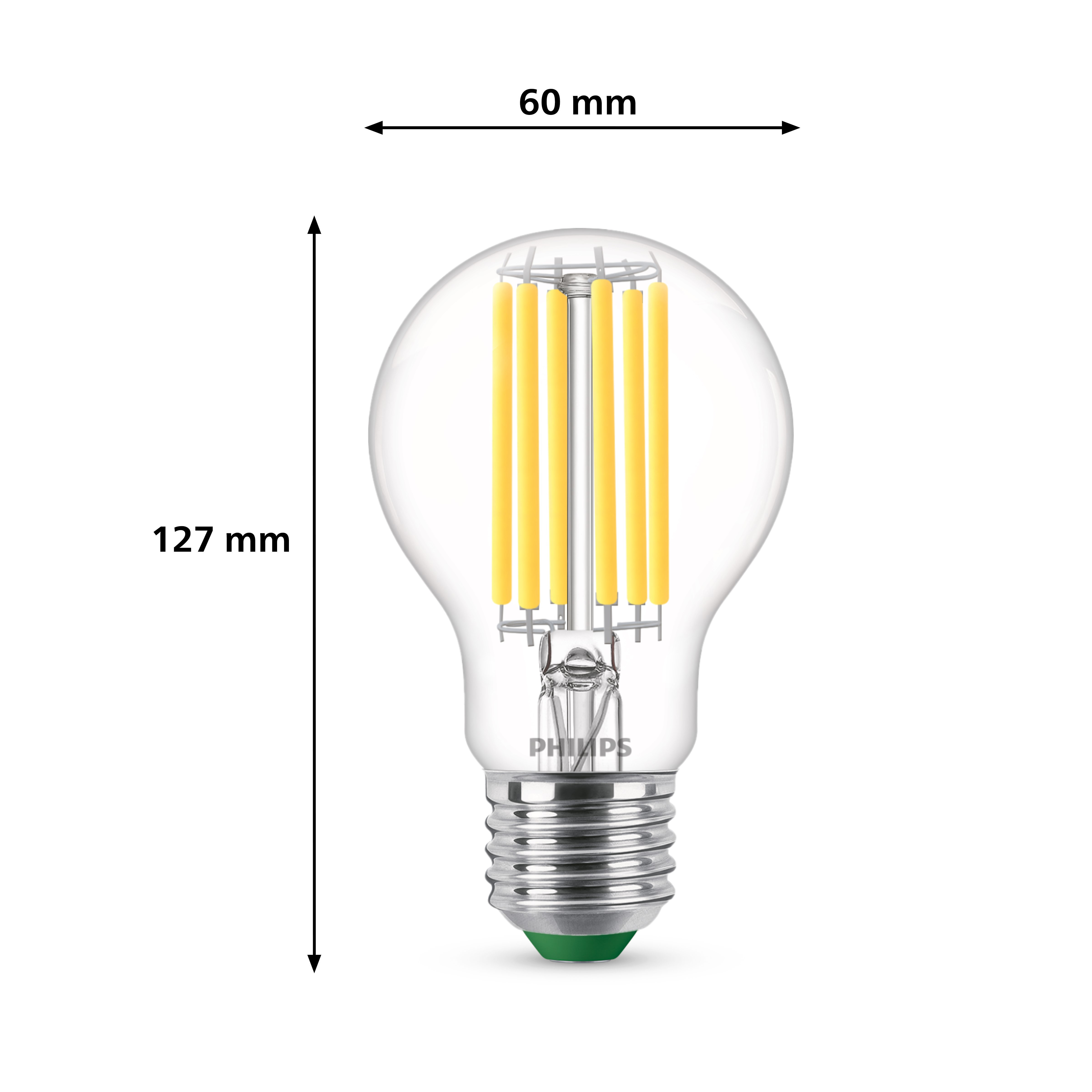 Transparante LED-lamp met afmetingen, Philips logo en groene voet. 127mm hoog, 60mm breed.