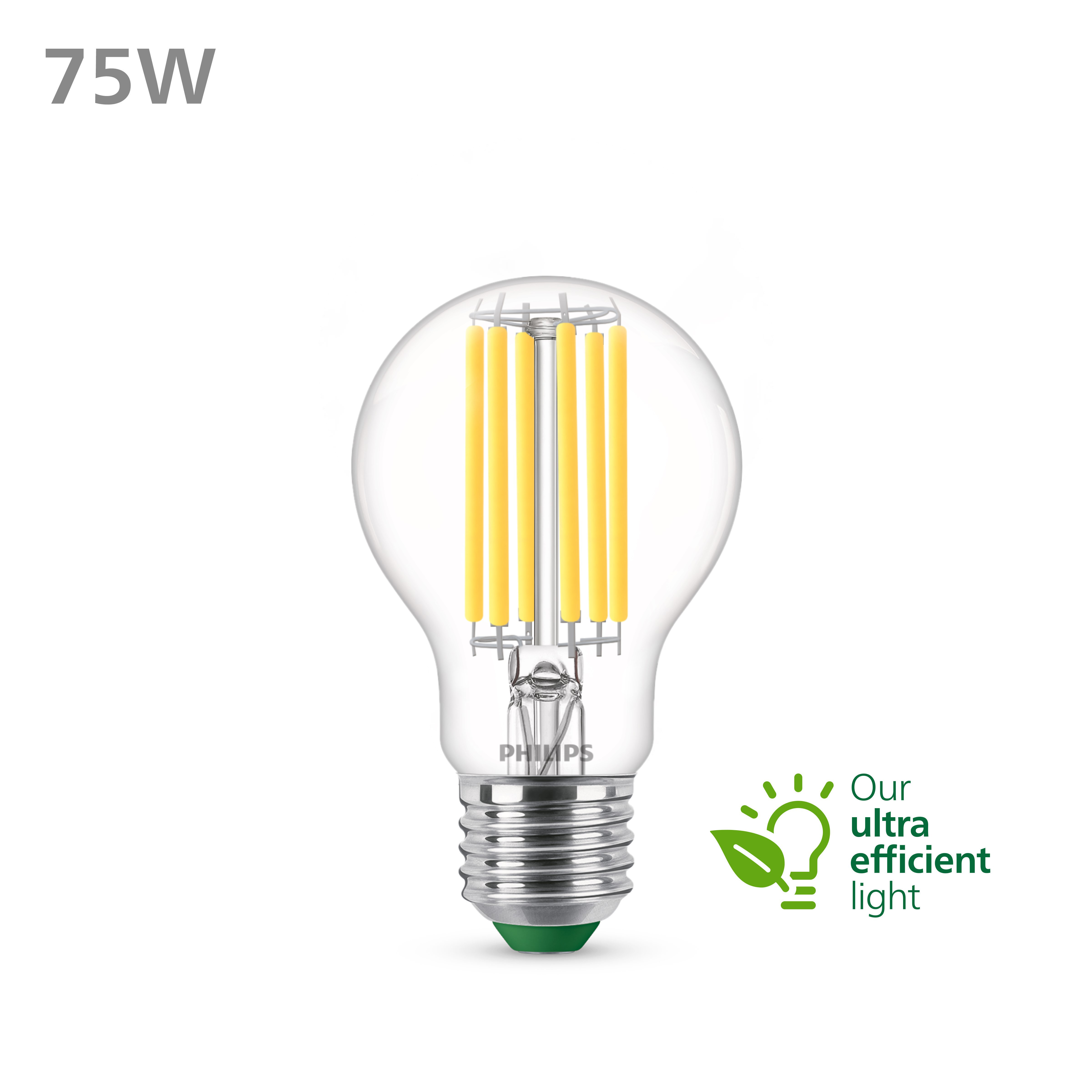 Transparante Philips-lamp met groene voet, gele filamenten en een label van 75W.