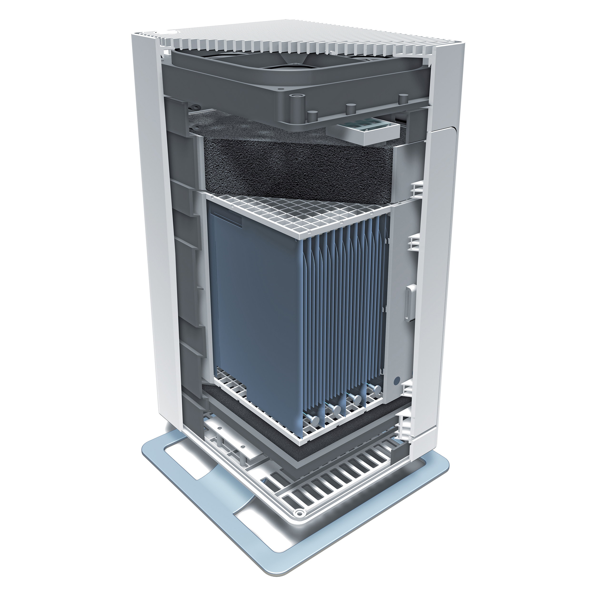 Cutaway view of a white air purifier showing internal components, filters, and a blue filter element.