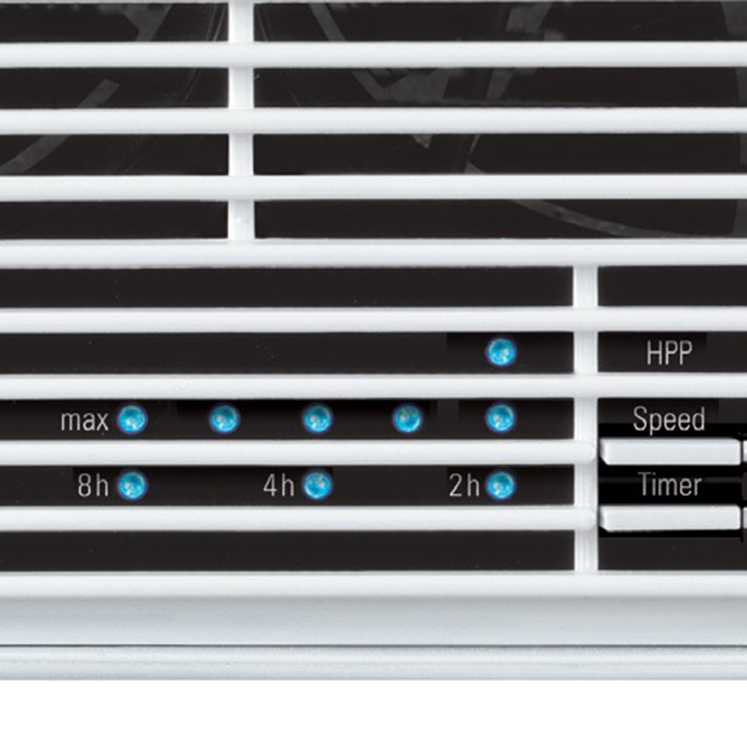 A close-up of a white fan with black slats, showing buttons for speed and timer settings.
