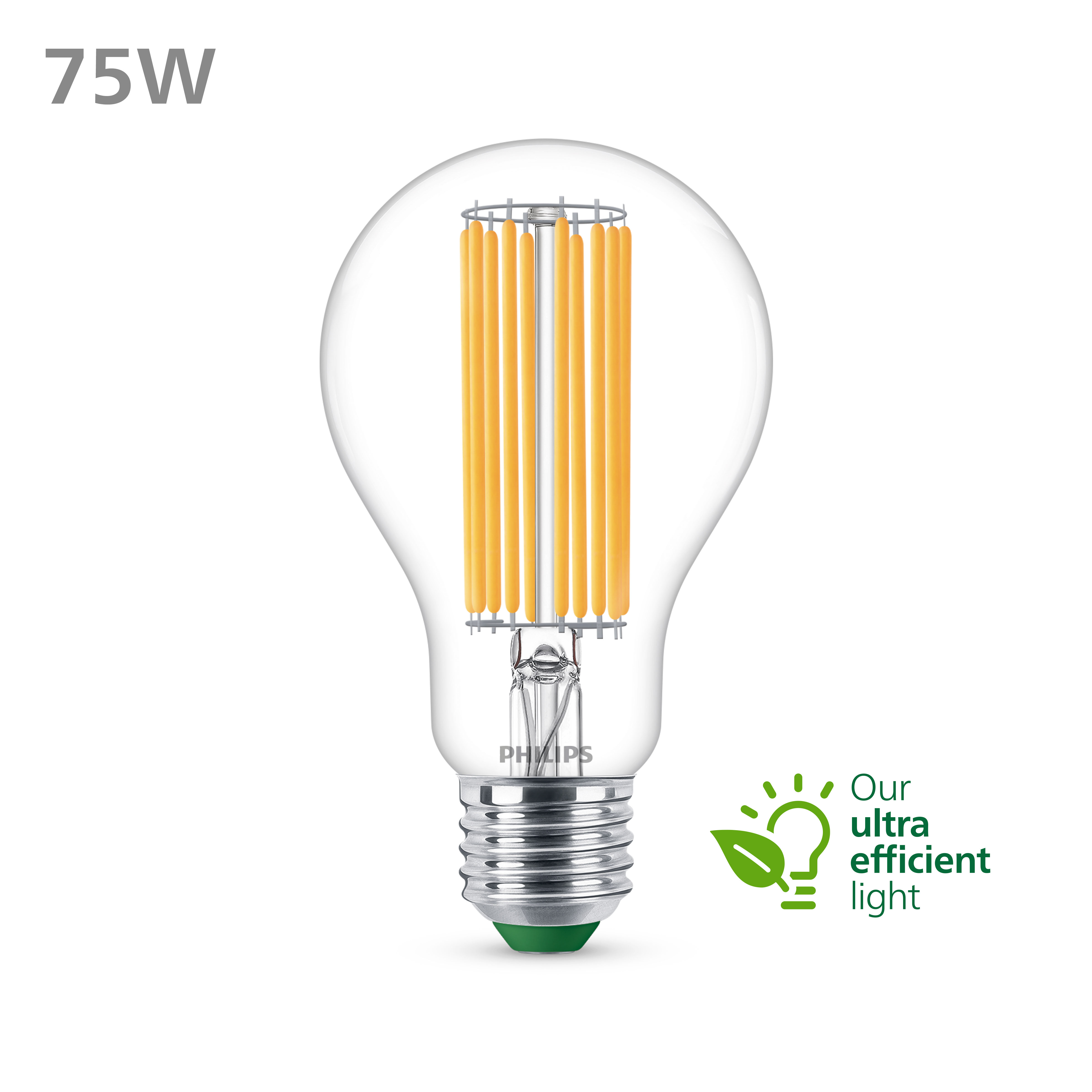 Ampoule LED 75W. Elle a une enveloppe en verre transparent avec une base verte et des filaments oranges.