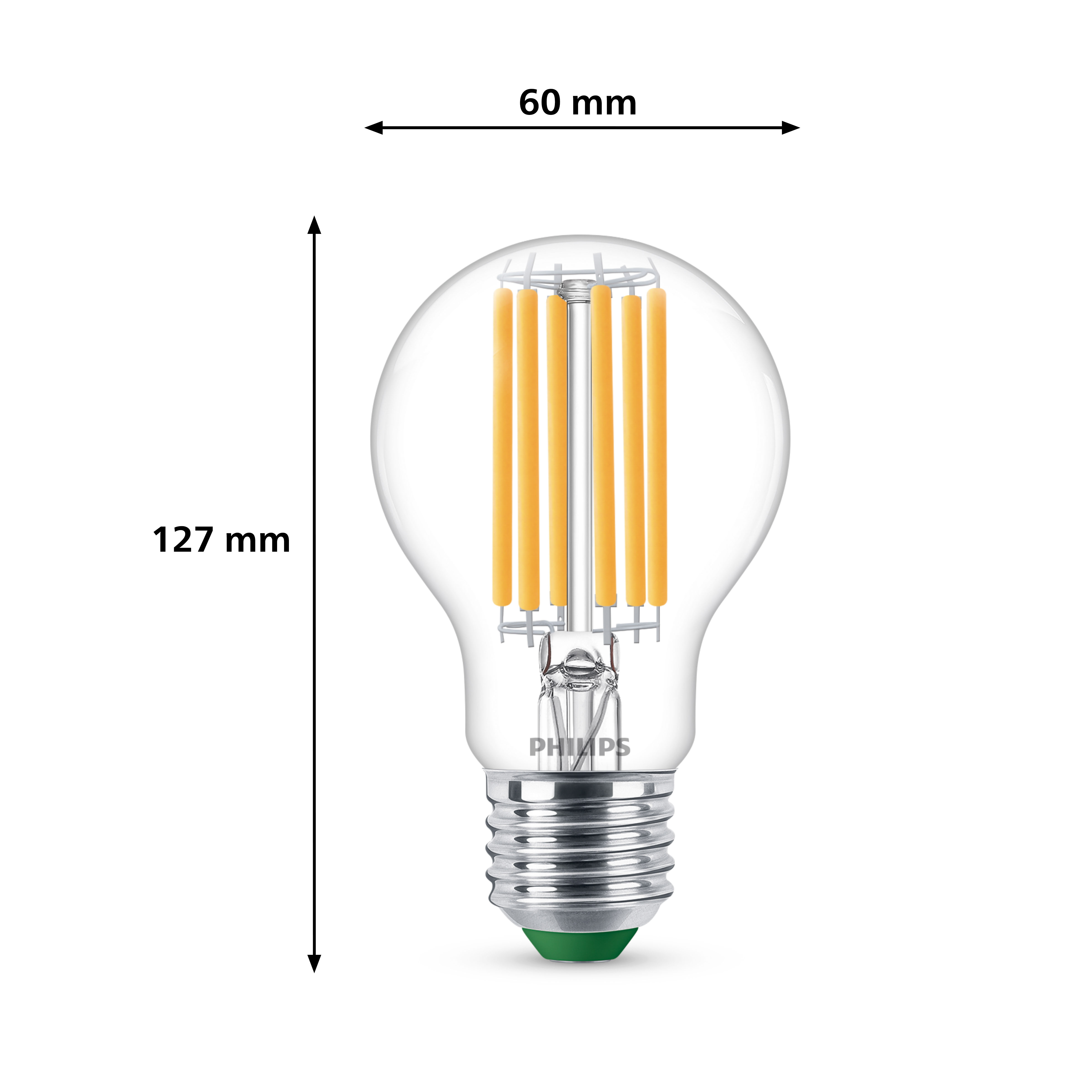 Une ampoule transparente avec des filaments orange, avec des mesures, fond blanc.