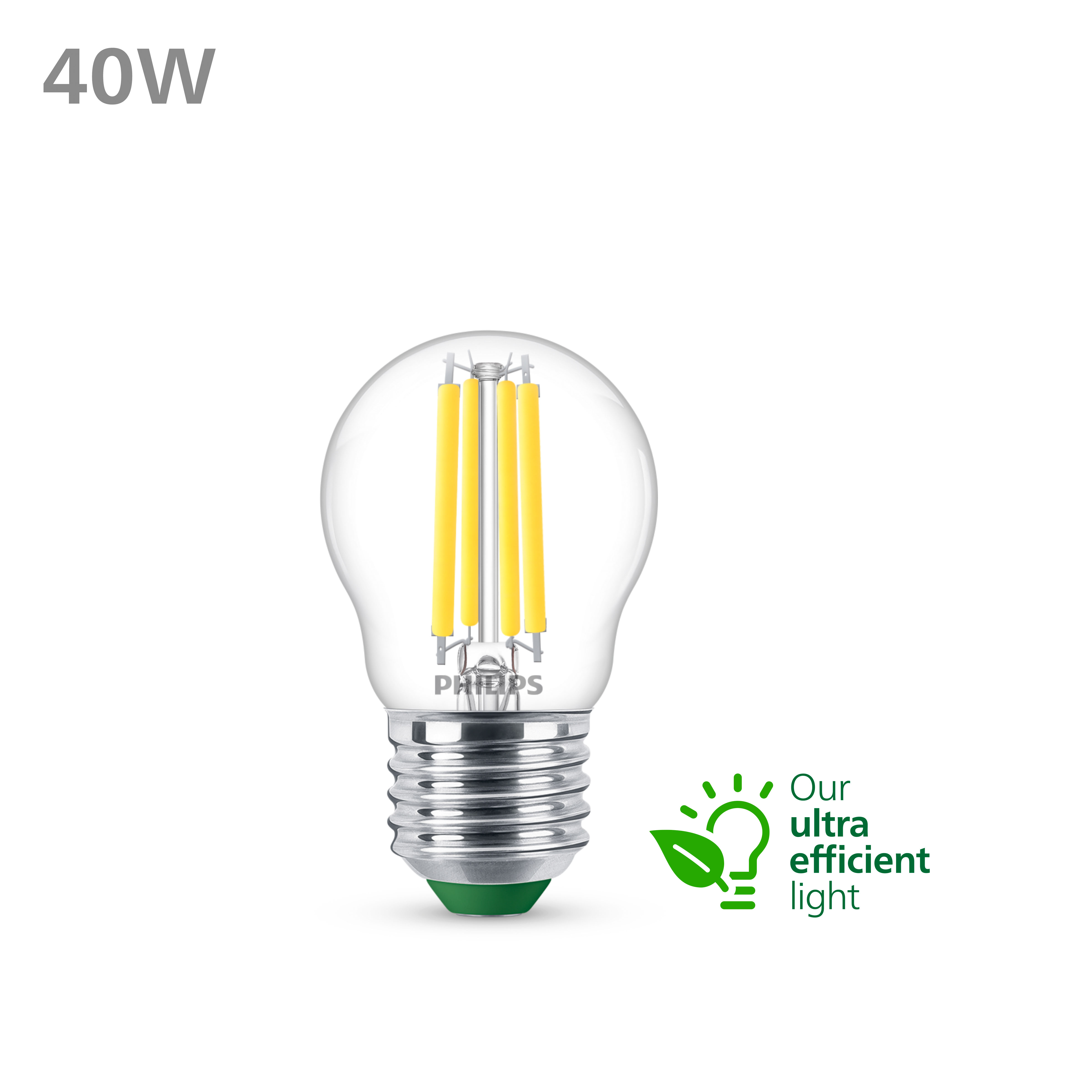 Ampoule LED transparente avec filaments jaunes, base verte et étiquette 40W.