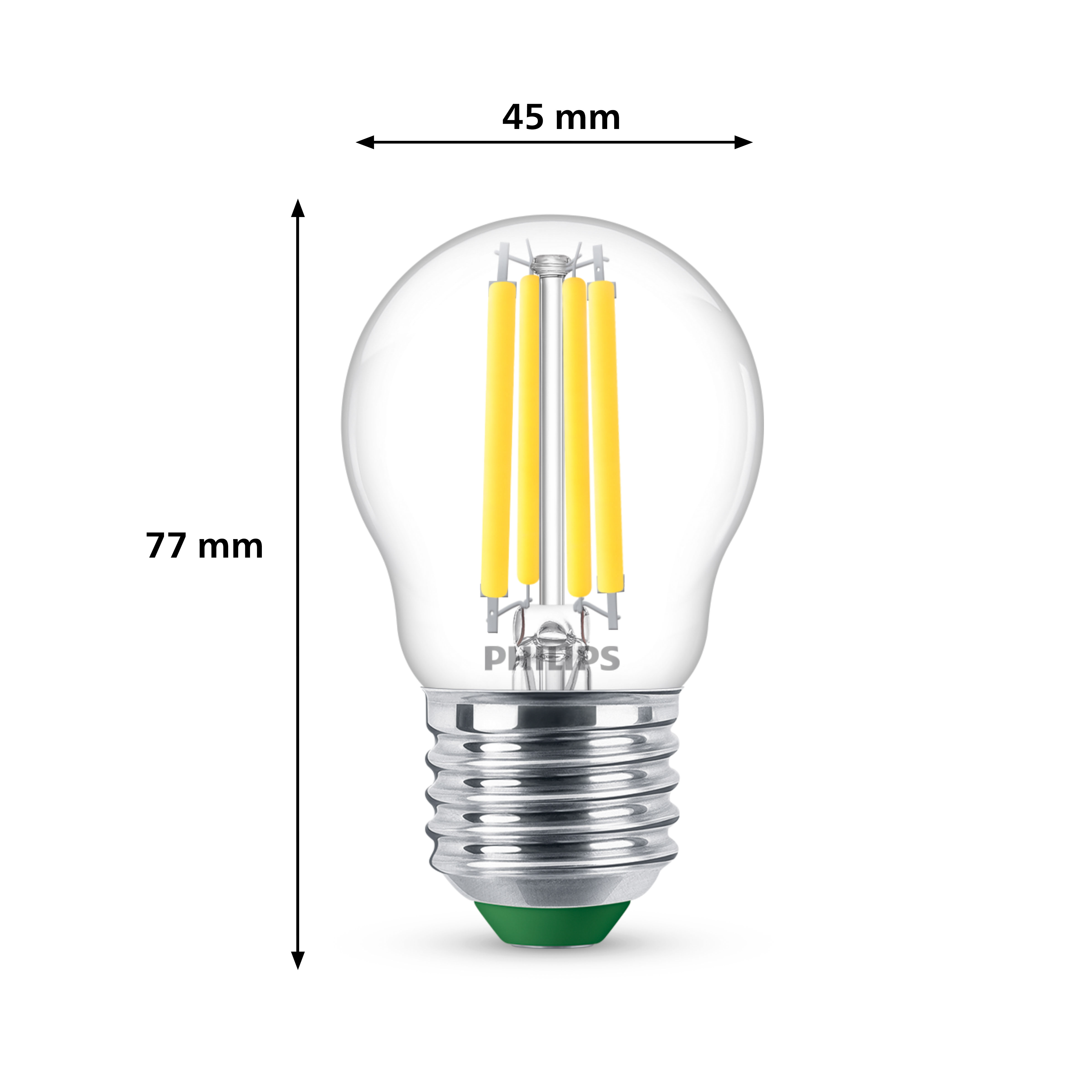 Ampoule Philips transparente, 77 mm de haut, 45 mm de large, filaments jaunes, base verte.