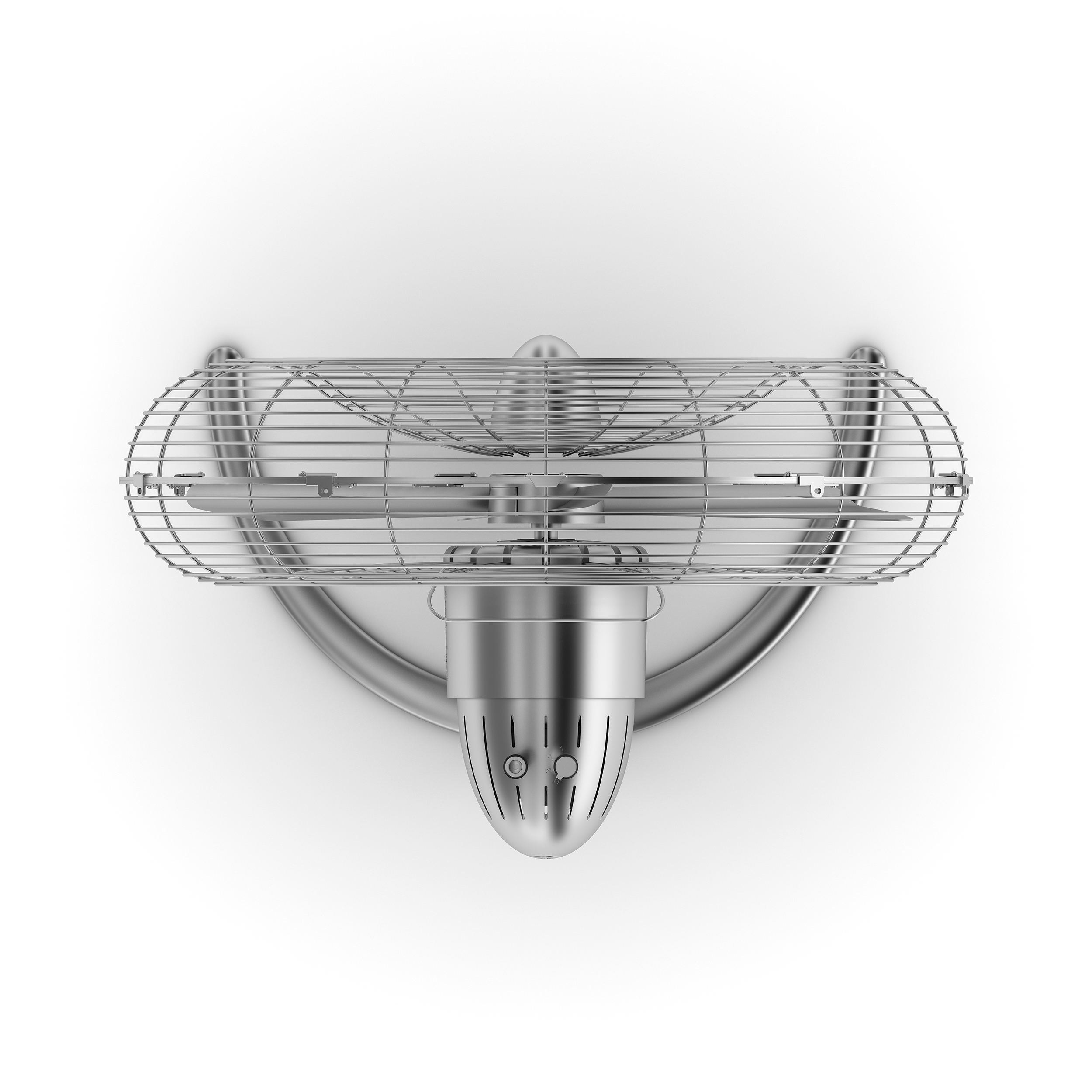 Vue aérienne d'un ventilateur argenté avec une cage de protection, monté sur fond blanc.