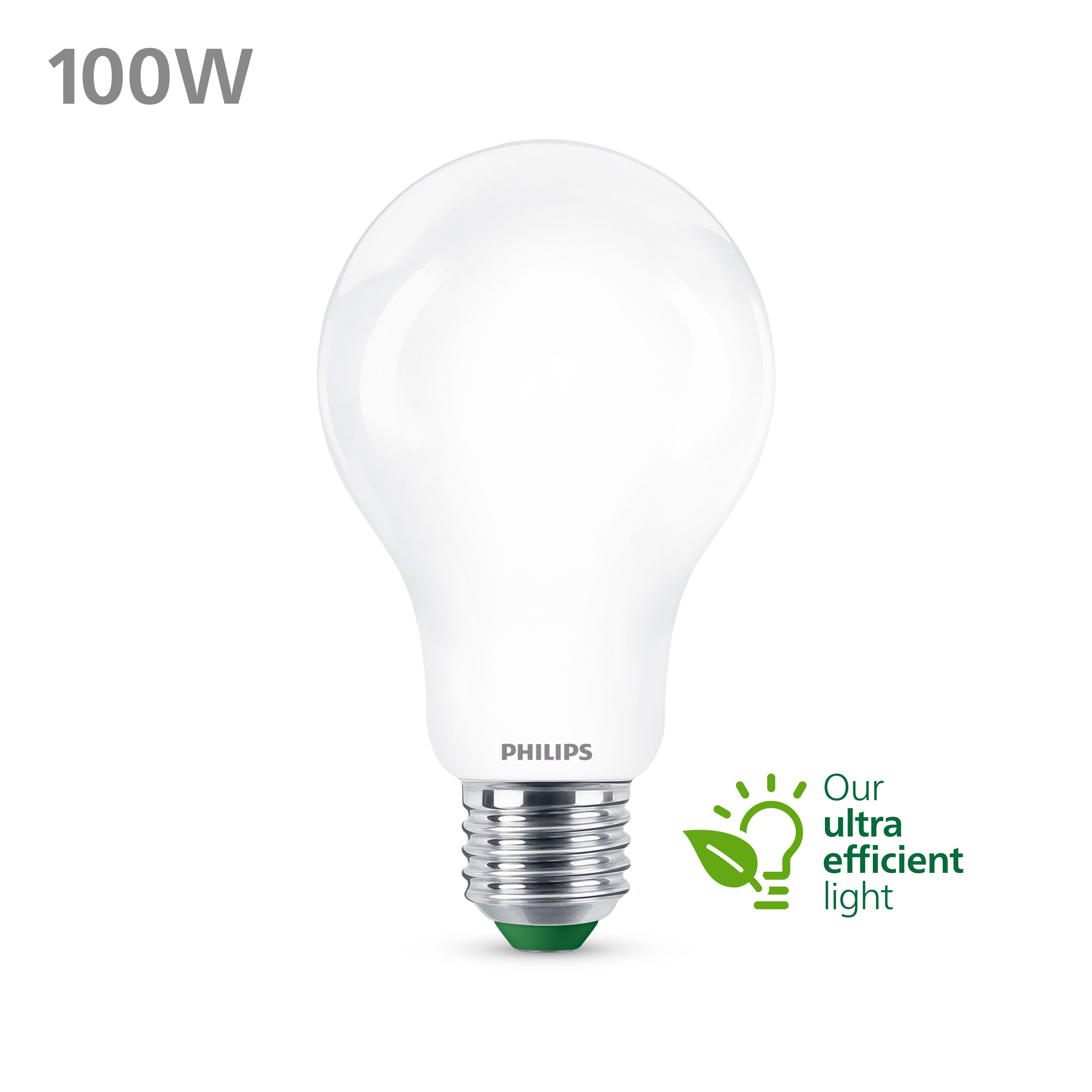 Ampoule blanche avec la marque Philips. Texte sur l'ampoule: "100W" et "Notre lumière ultra efficace".