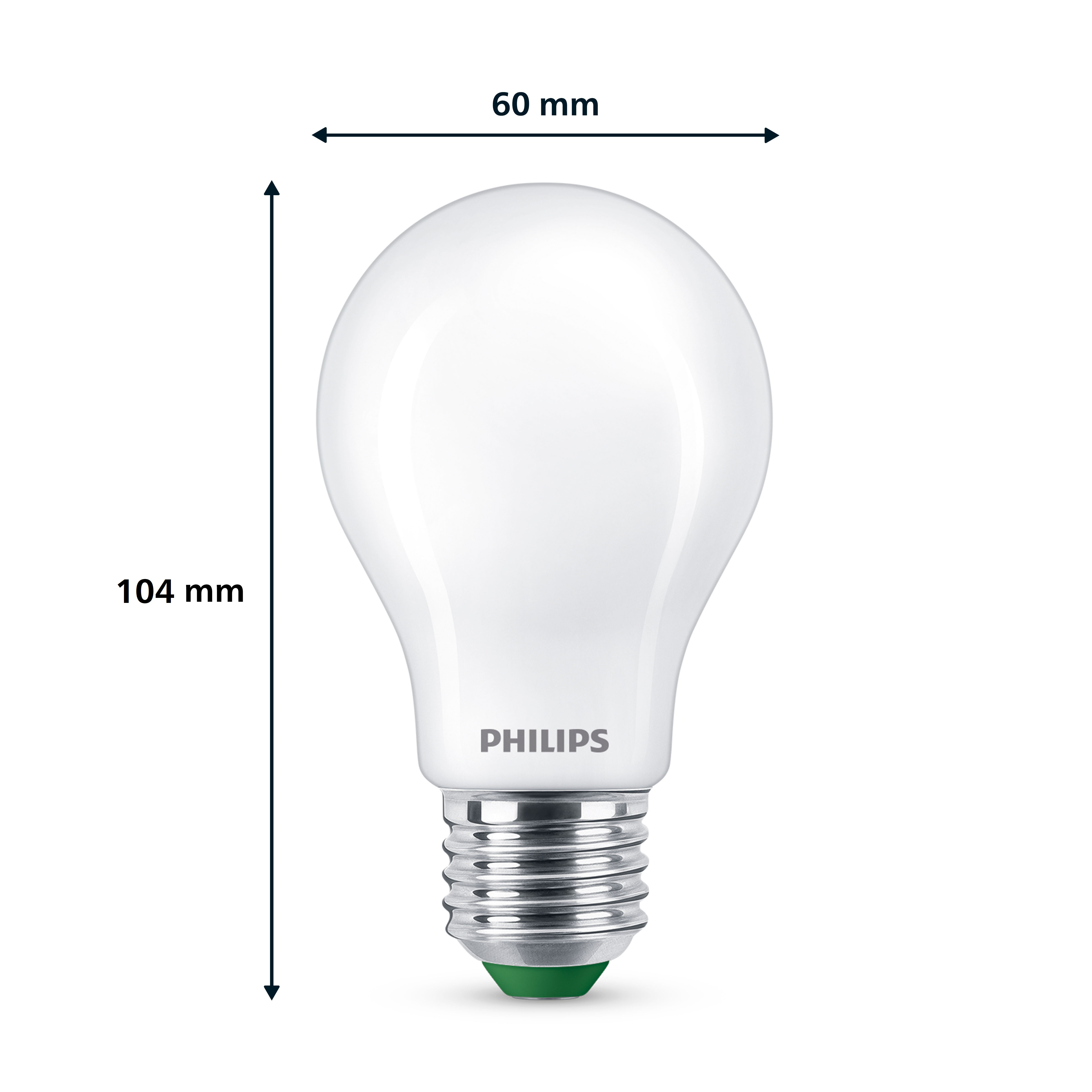 Ampoule Philips blanche avec dimensions et base verte.
