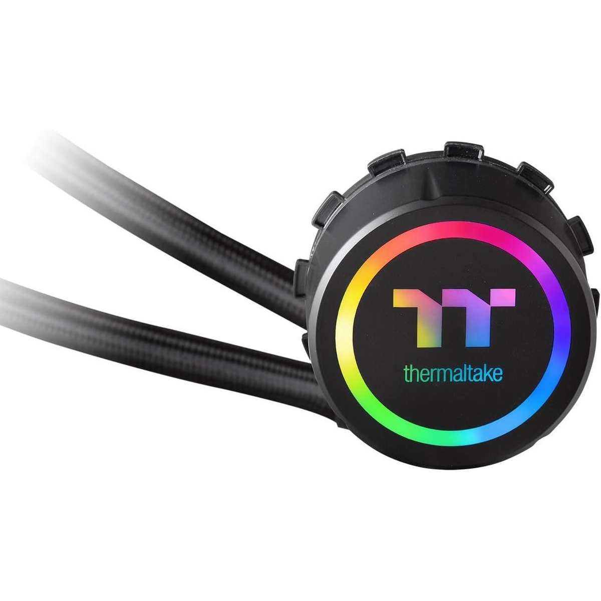 Ein Thermaltake CPU-Kühler mit kreisförmigem RGB-LED-Licht und zwei schwarzen Schläuchen.