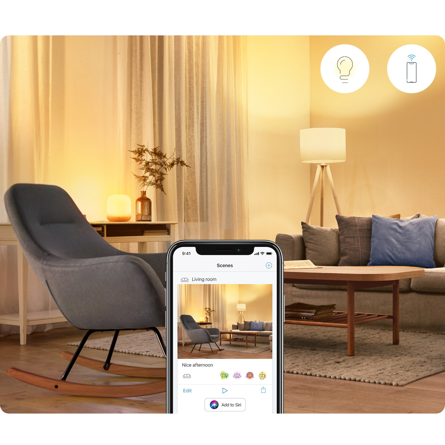 Scena di soggiorno con telefono che mostra un'app, lampada, divano e sedia a dondolo.