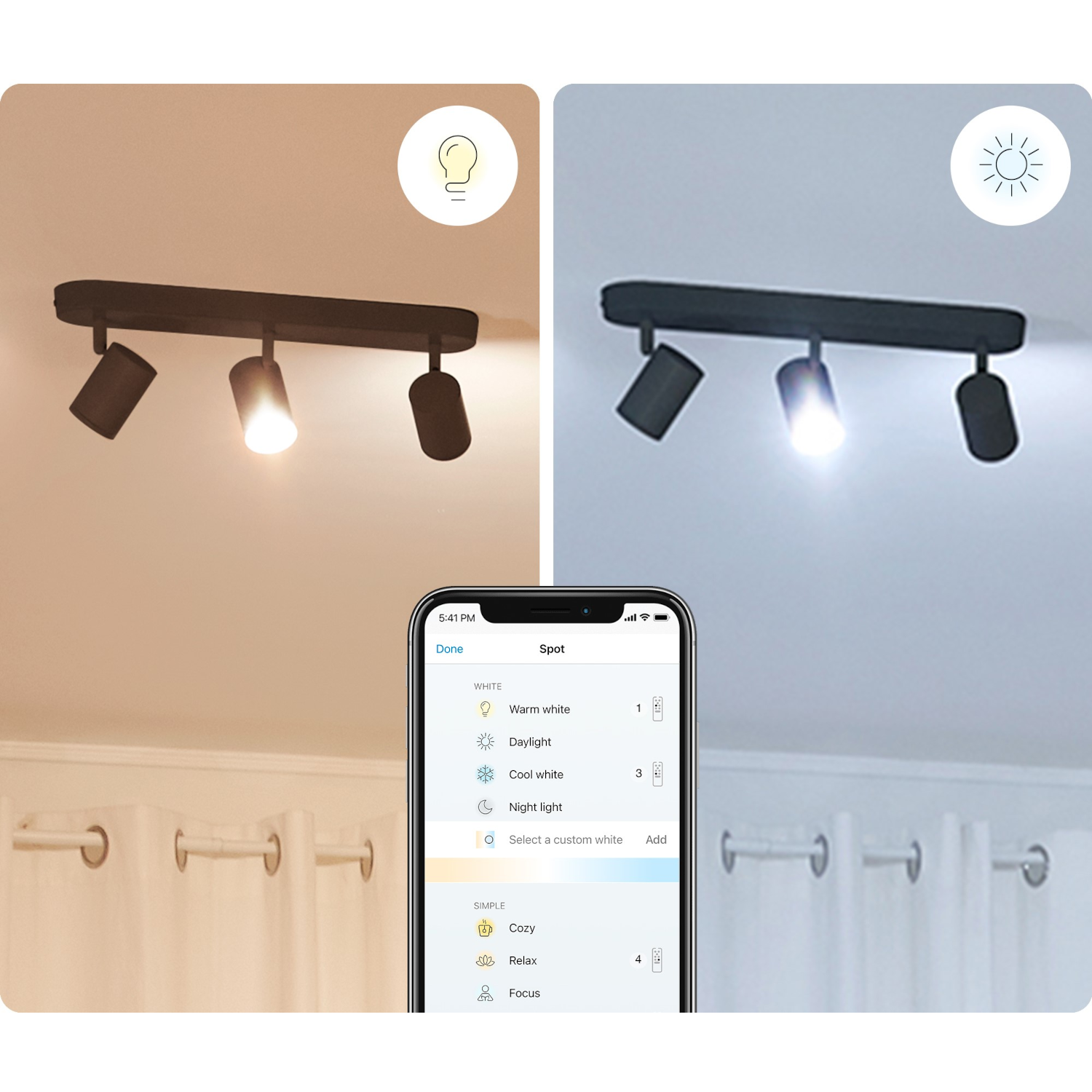Faretti a soffitto. Lo schermo del telefono mostra le opzioni di impostazione della luce. Due scene di luce.