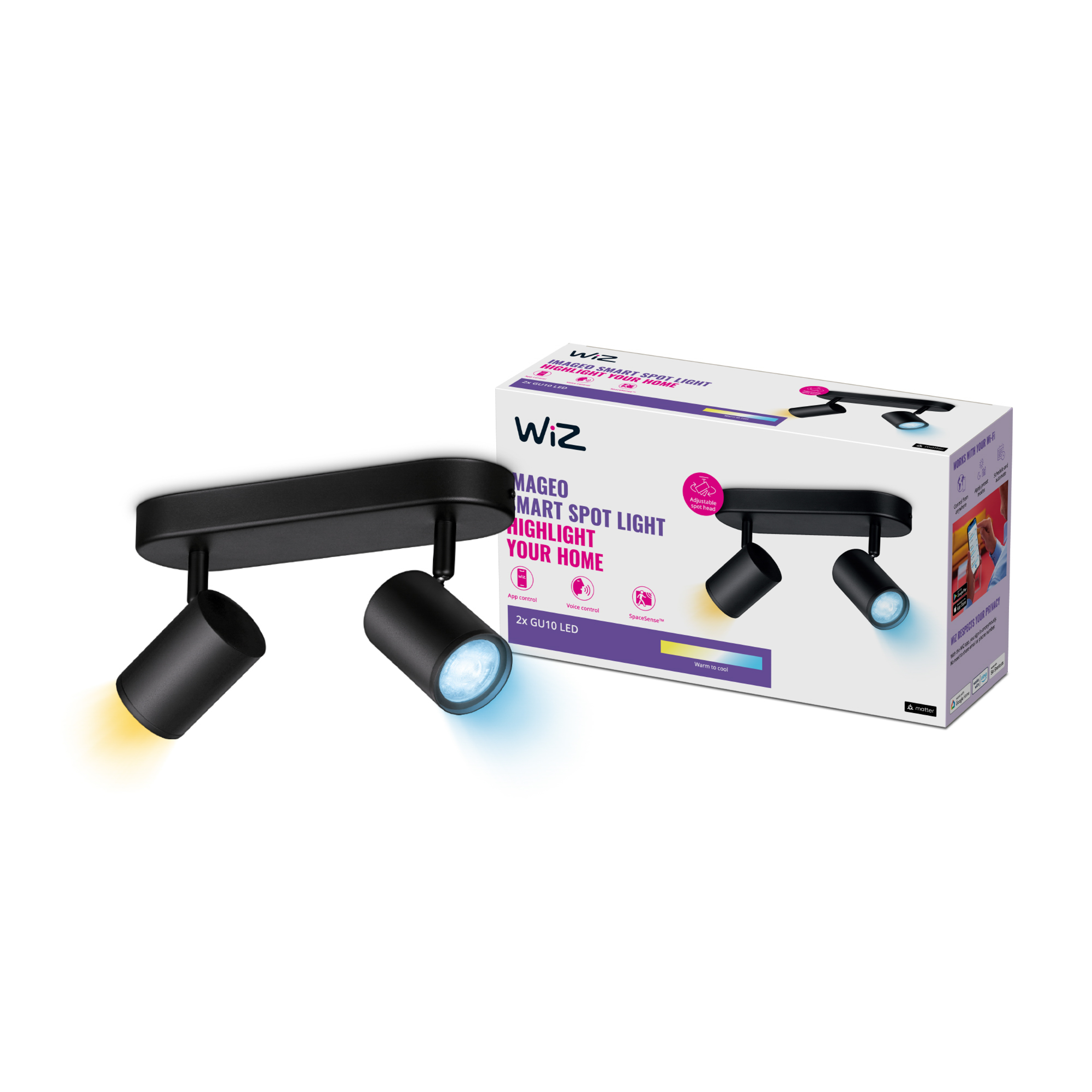 Faretti neri, sfondo bianco. Scatola con faretti sul lato destro. WiZ Smart Spot Light.