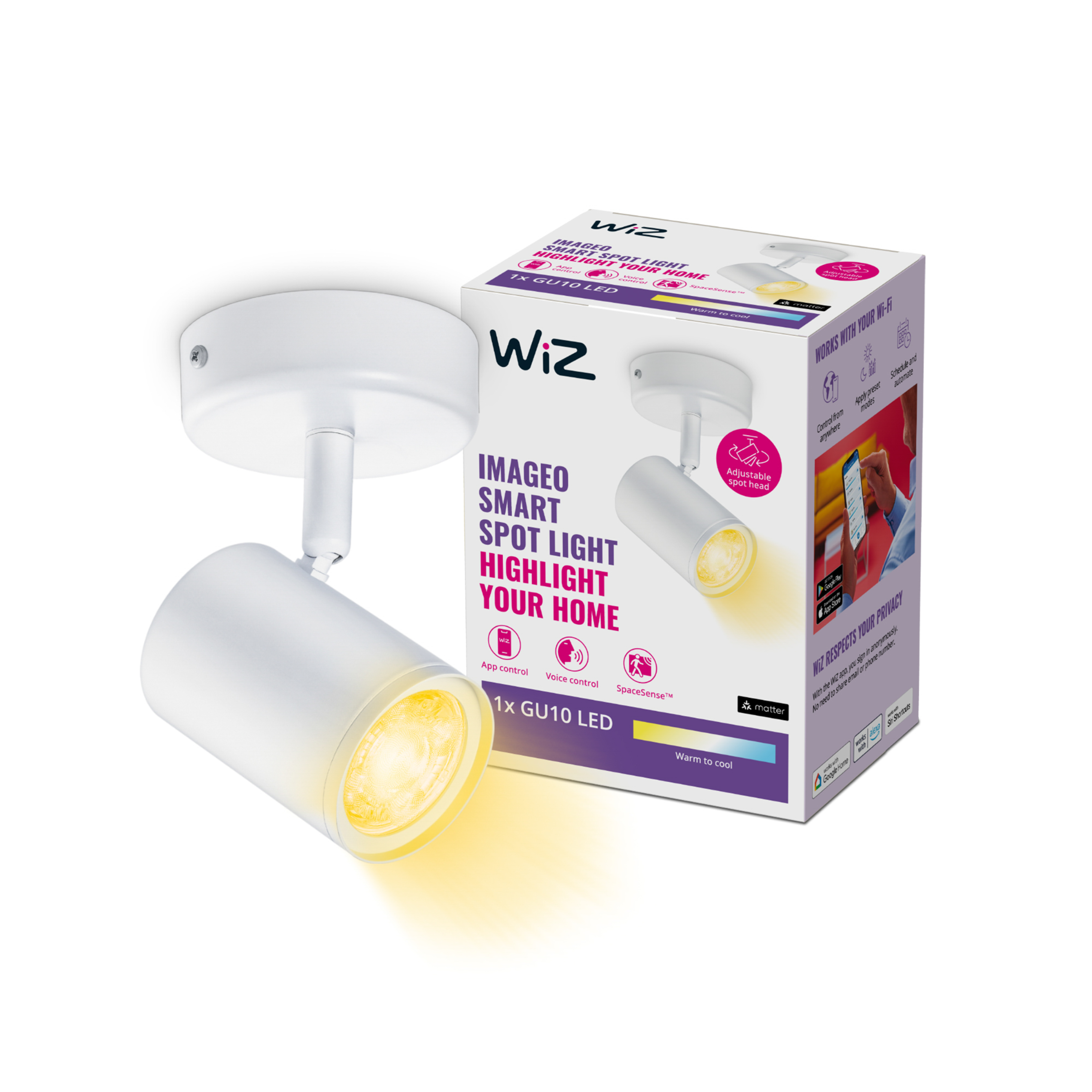 Un faretto bianco con una scatola. La scatola dice 'IMAGEO SMART SPOT LIGHT' e 'HIGHLIGHT YOUR HOME'.