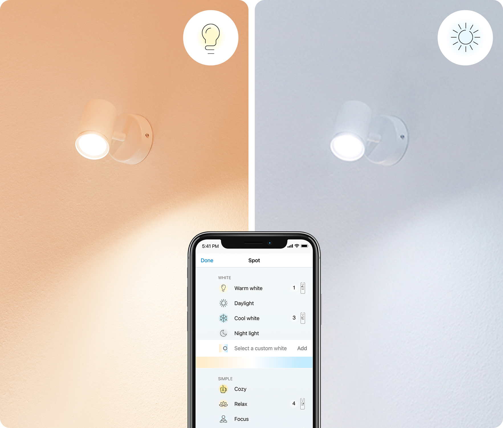 Uno schermo del telefono che mostra le impostazioni della luce, con due faretti e un muro bianco.