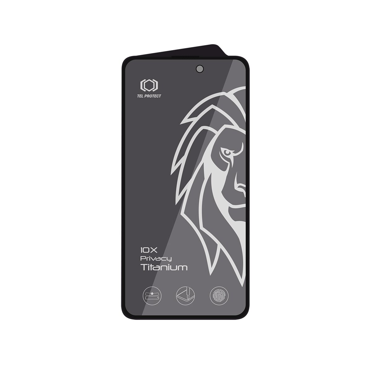 Schwarzer Smartphone-Bildschirmschutz mit Löwen-Design und Text, isoliert auf weißem Hintergrund.
