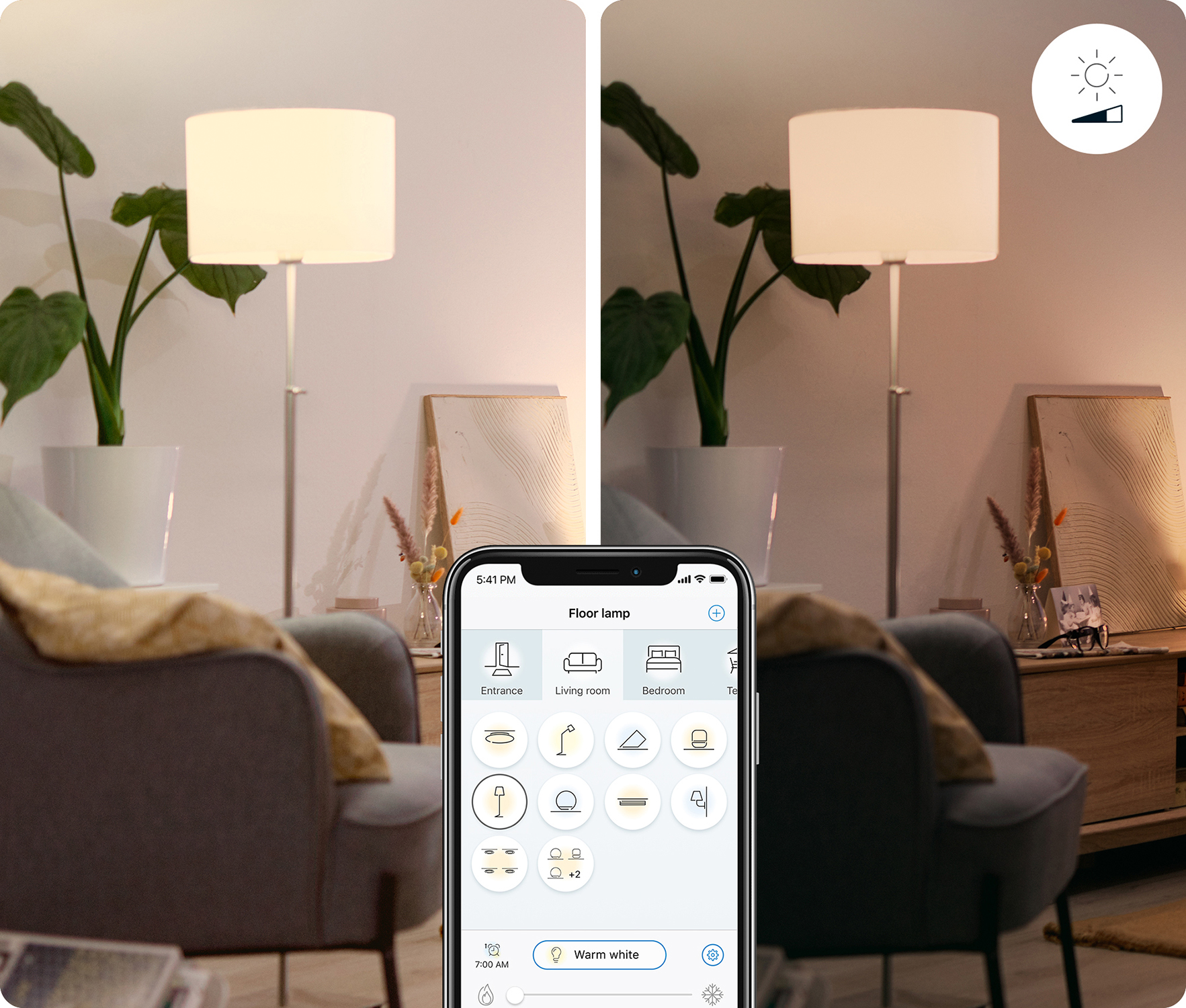 Un soggiorno con una lampada da terra. Un telefono mostra le impostazioni della luce.