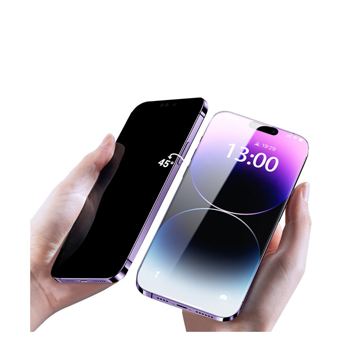Zwei Telefone, eines schwarz und das andere mit eingeschaltetem Bildschirm. Beide werden von Händen gehalten.