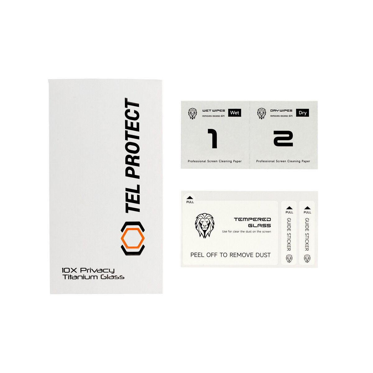 Displayschutzverpackung mit Reinigungstüchern und einem Glasschutz.