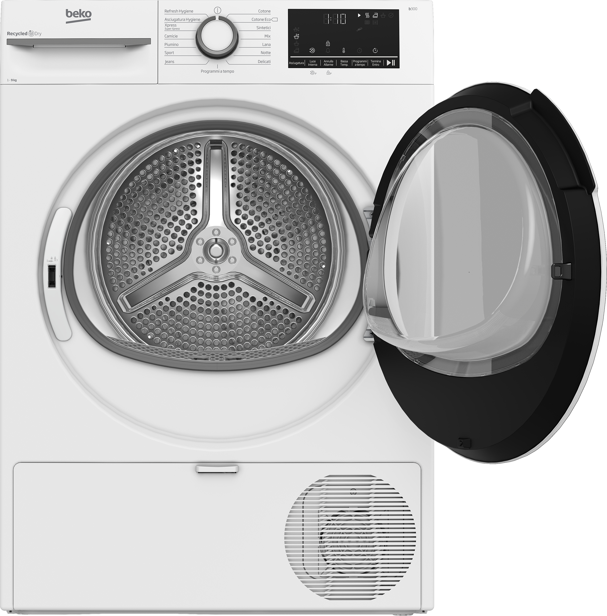 Un'asciugatrice Beko bianca con la porta aperta. Il cestello è visibile all'interno. Il pannello di controllo è in alto.