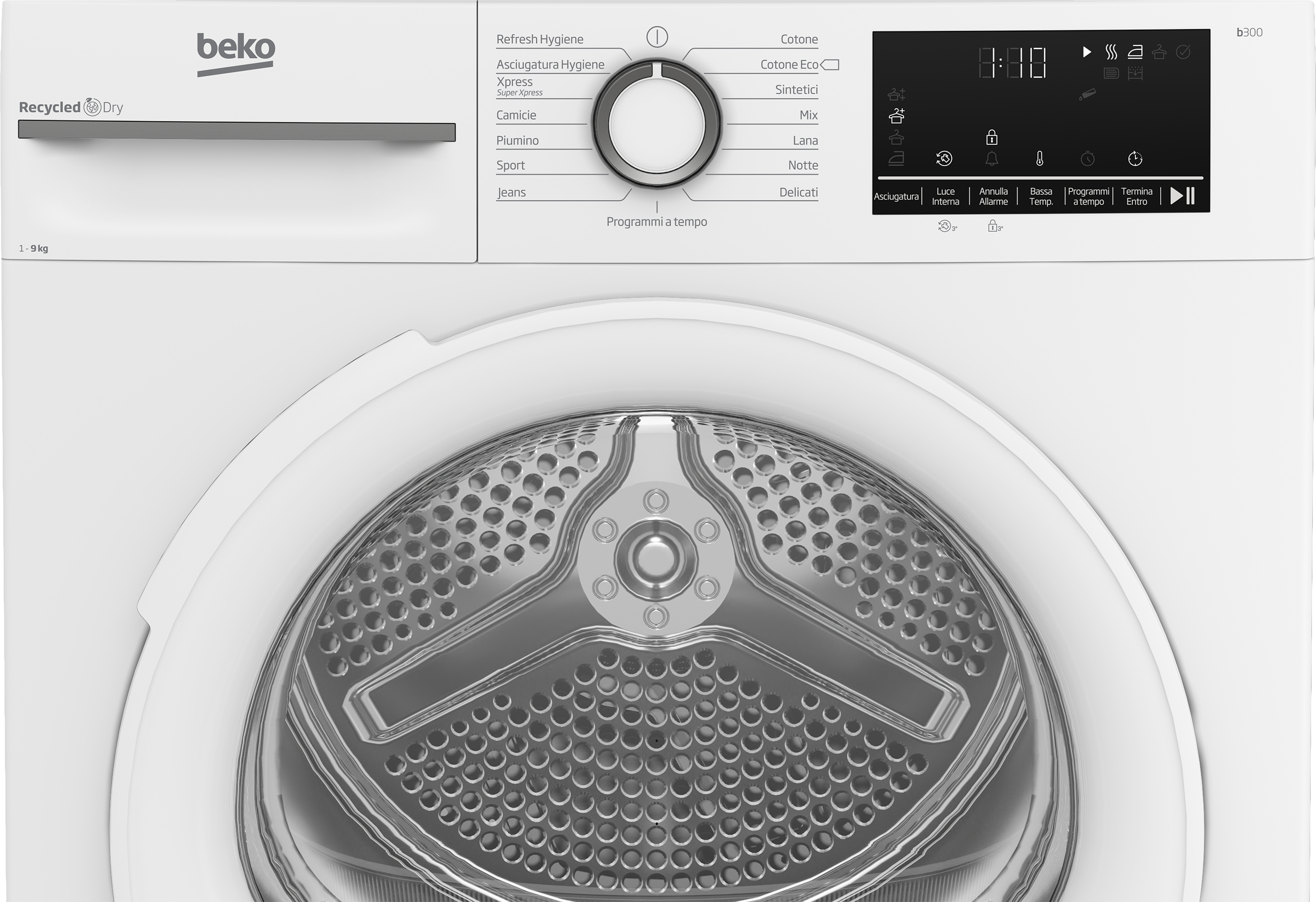Un'asciugatrice Beko bianca, con pannello di controllo in alto. La porta è sotto, con finestra circolare.