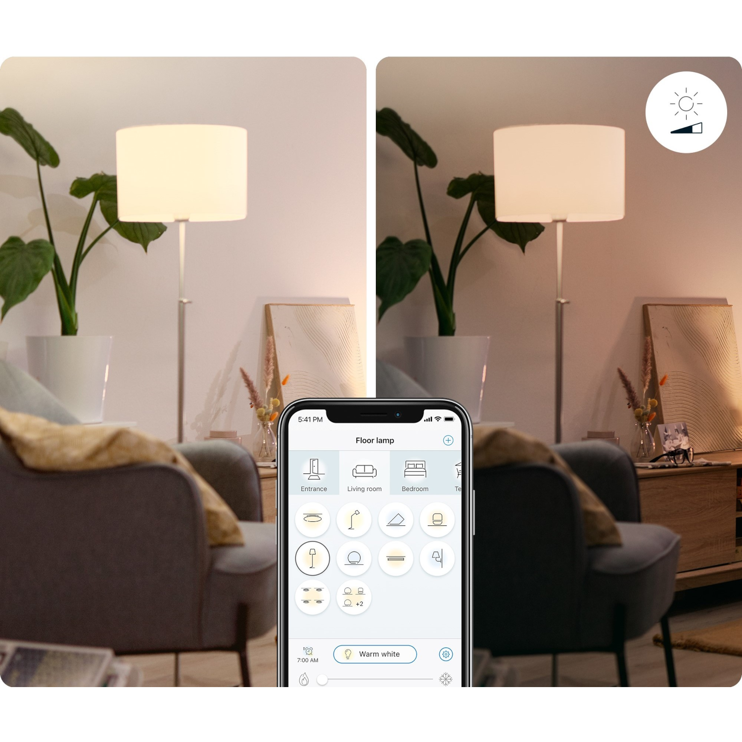 Un soggiorno con una lampada da terra. Un telefono mostra le impostazioni della luce.