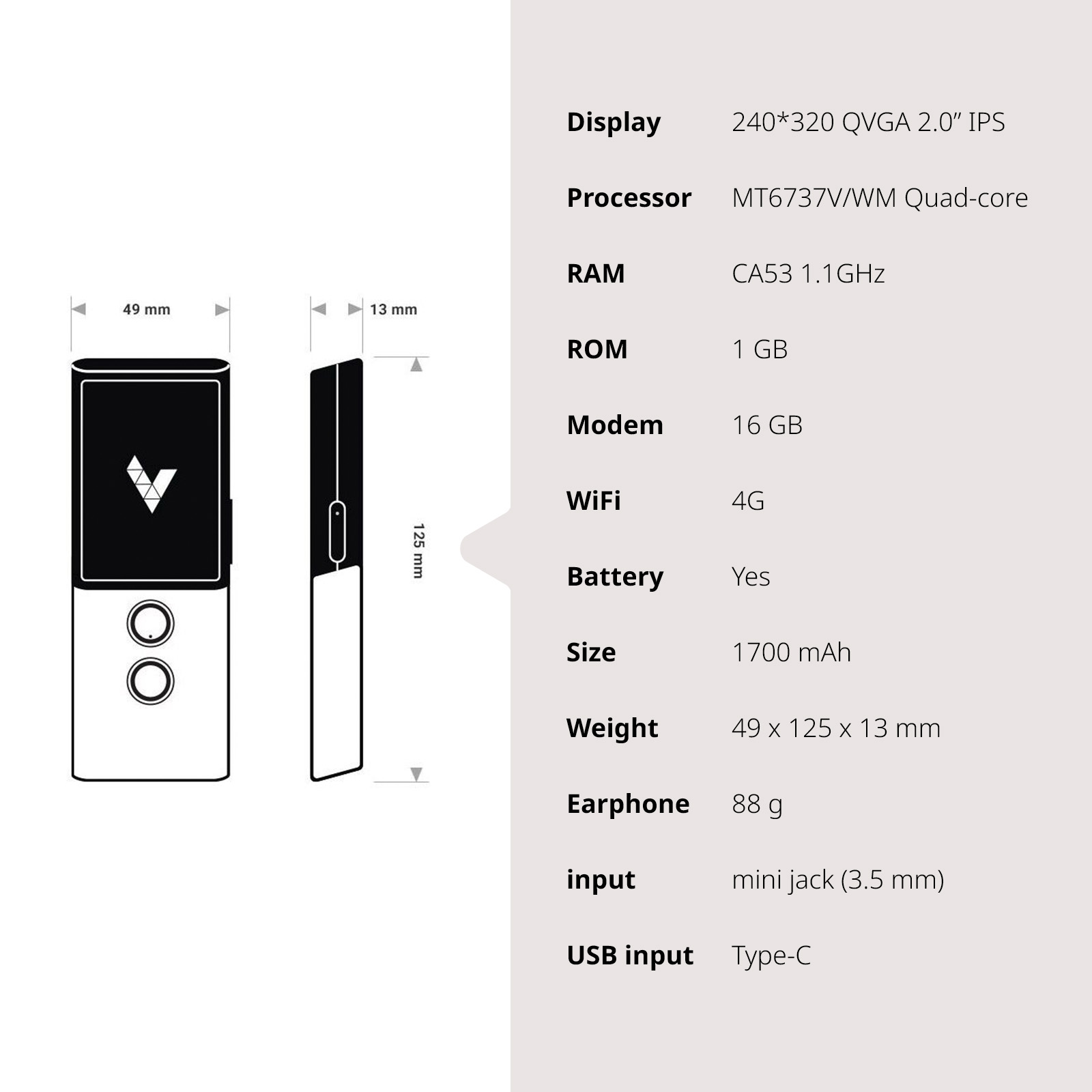Un piccolo dispositivo con uno schermo che mostra informazioni, con dimensioni e dettagli.