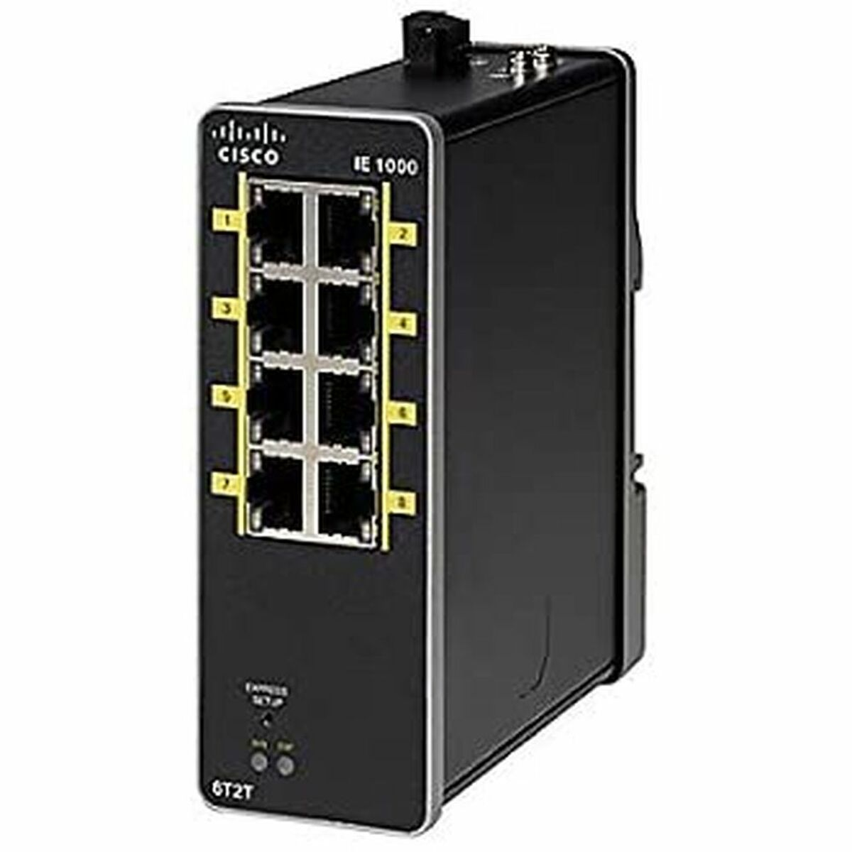 Czarny przełącznik Cisco serii IE 1000 z portami Ethernet.