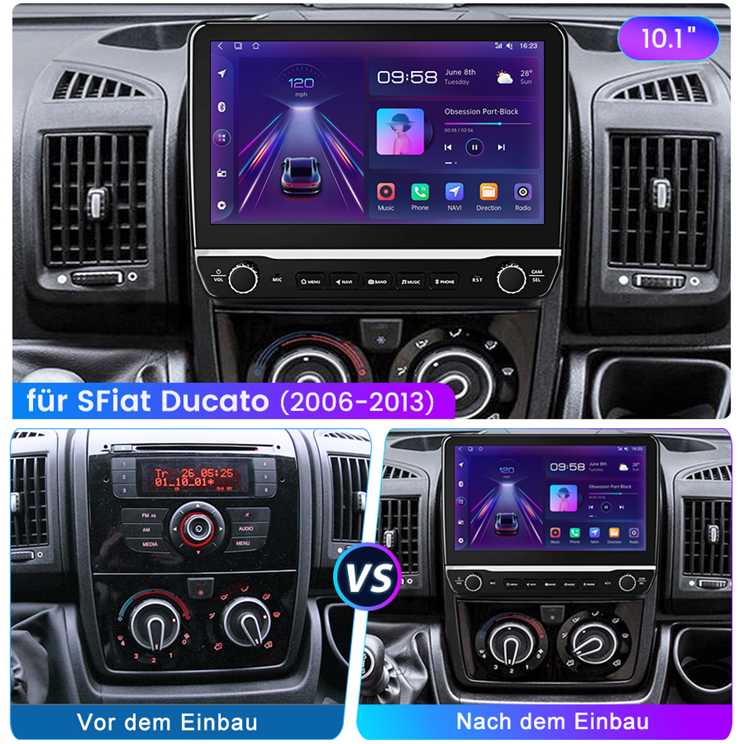Autoradio-Installation. Vergleich des alten und neuen Radios im Armaturenbrett des Autos.
