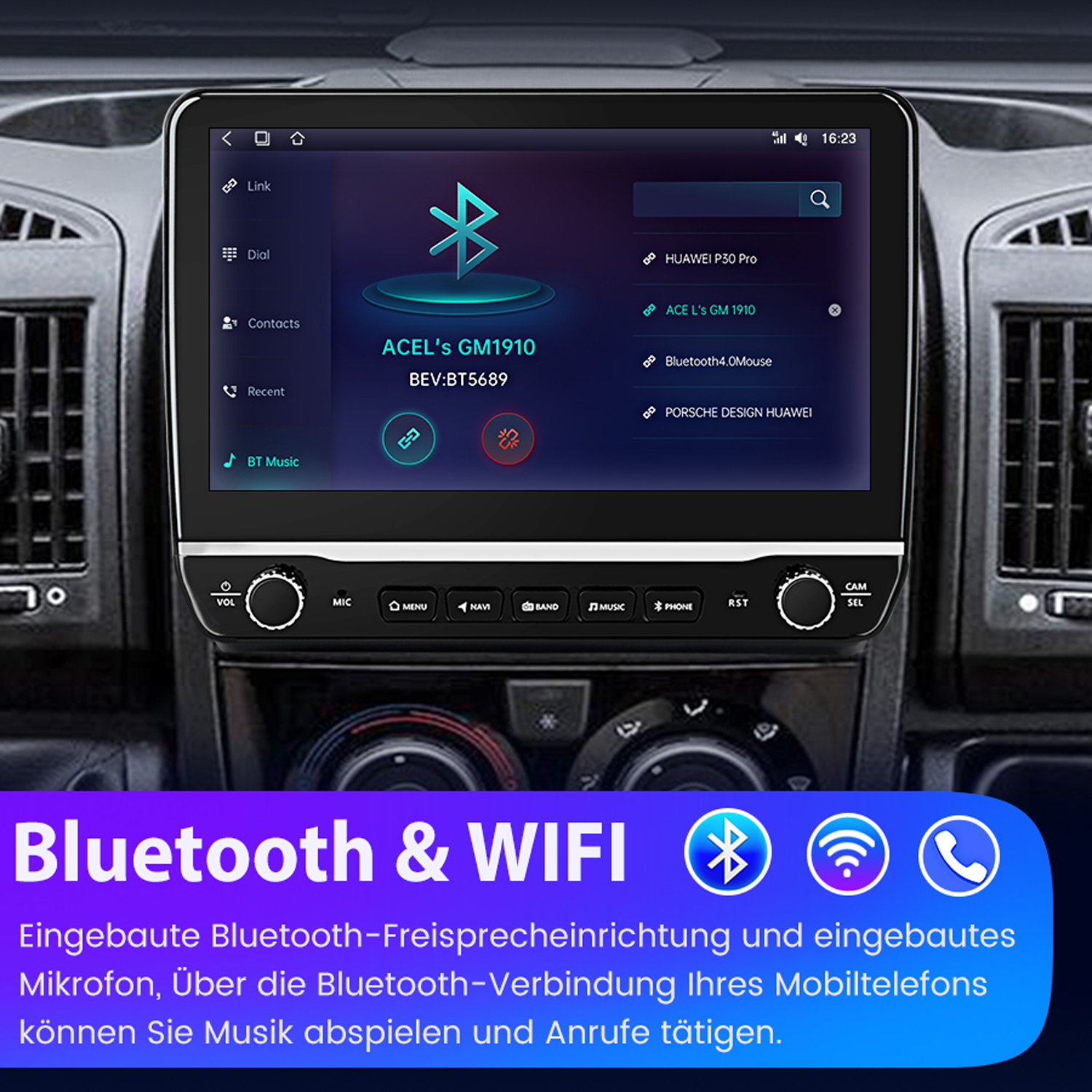 Autoradio-Bildschirm, der eine Bluetooth- und WiFi-Oberfläche mit verschiedenen Menüsymbolen anzeigt.