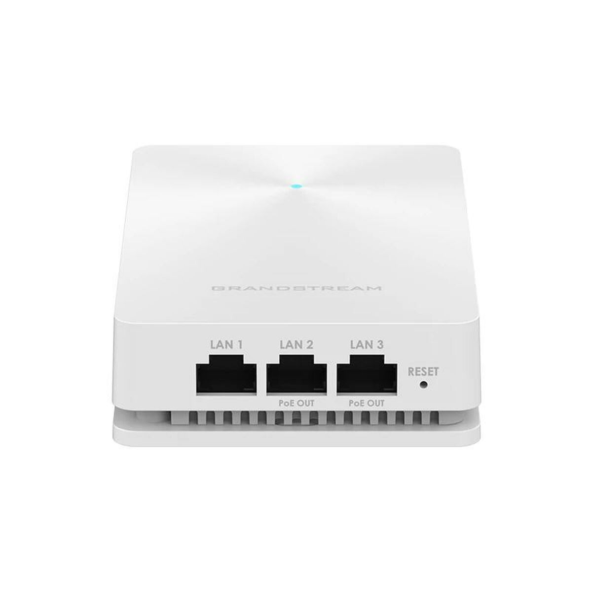 Dispositivo di rete bianco con tre porte LAN e un pulsante di ripristino. Testo: Grandstream. Etichetta: LAN 1, 2, 3.