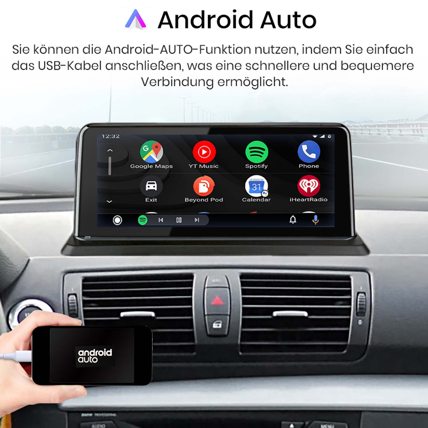 Ein Armaturenbrett mit Android Auto-Bildschirm, der mit einem Telefon verbunden ist, wird angezeigt.