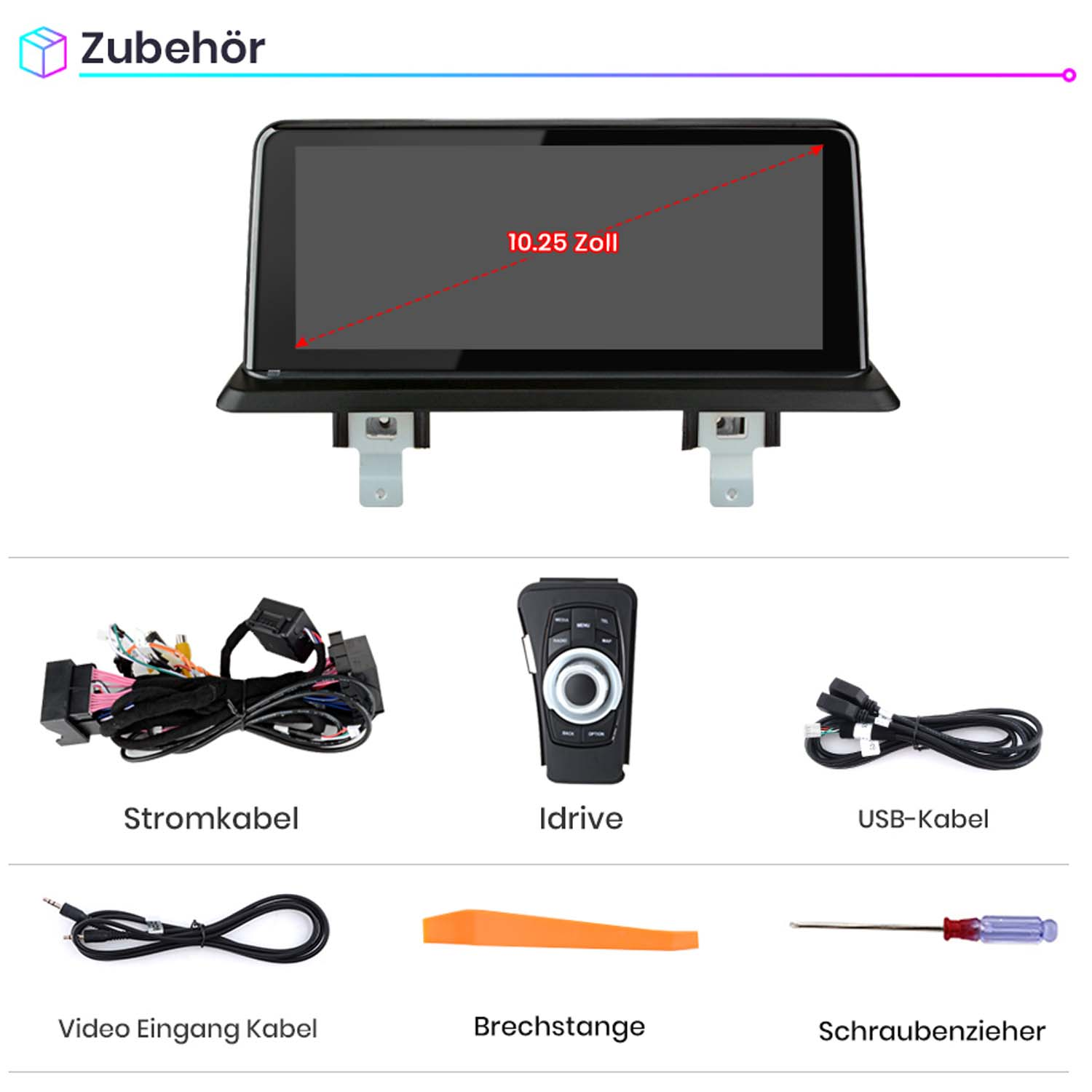 Autoradio-Zubehör, einschließlich Bildschirm, Kabel und andere Installationswerkzeuge, werden gezeigt.