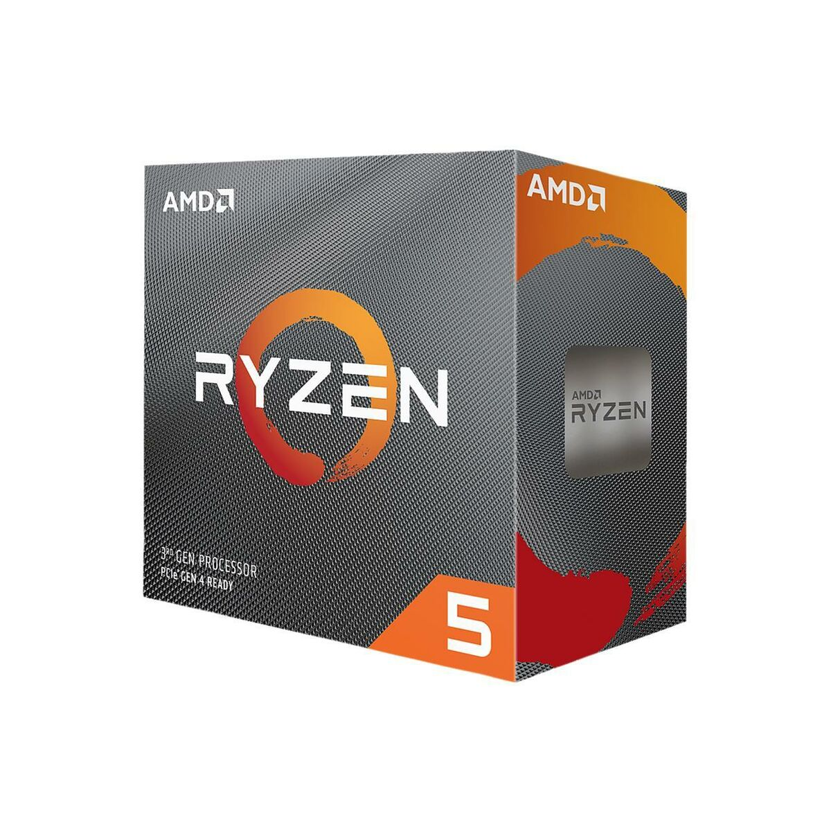 Pudełko procesora AMD Ryzen 5. Pomarańczowo-szary design z logo Ryzen 5.