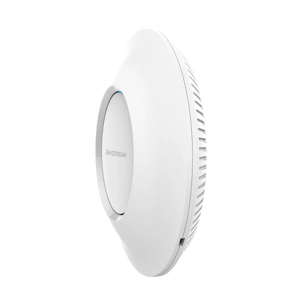 Dispositivo bianco, arrotondato, con nome del marchio, isolato su bianco.