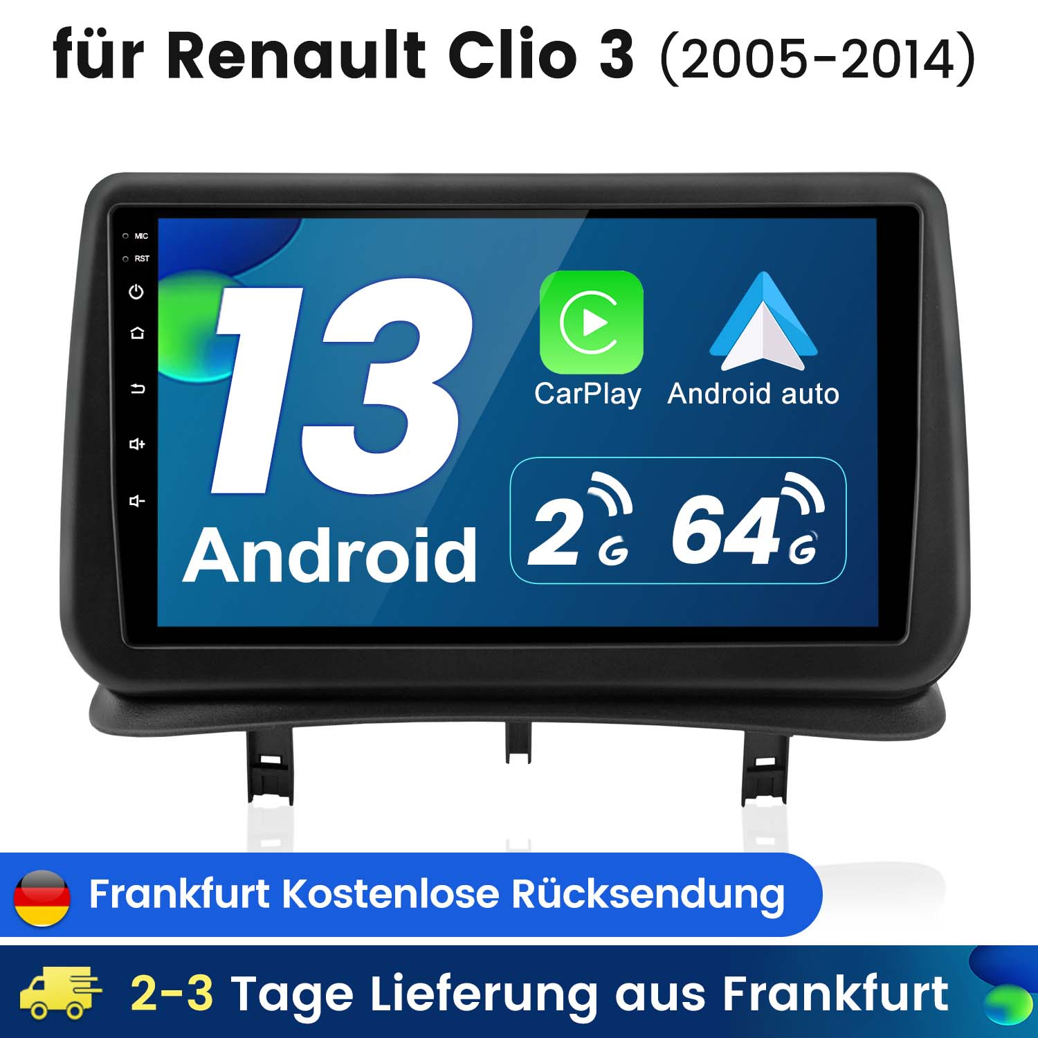 Ein Autoradio-Bildschirm mit Zahlen und Symbolen. Text darüber: für Renault Clio 3 (2005-2014).