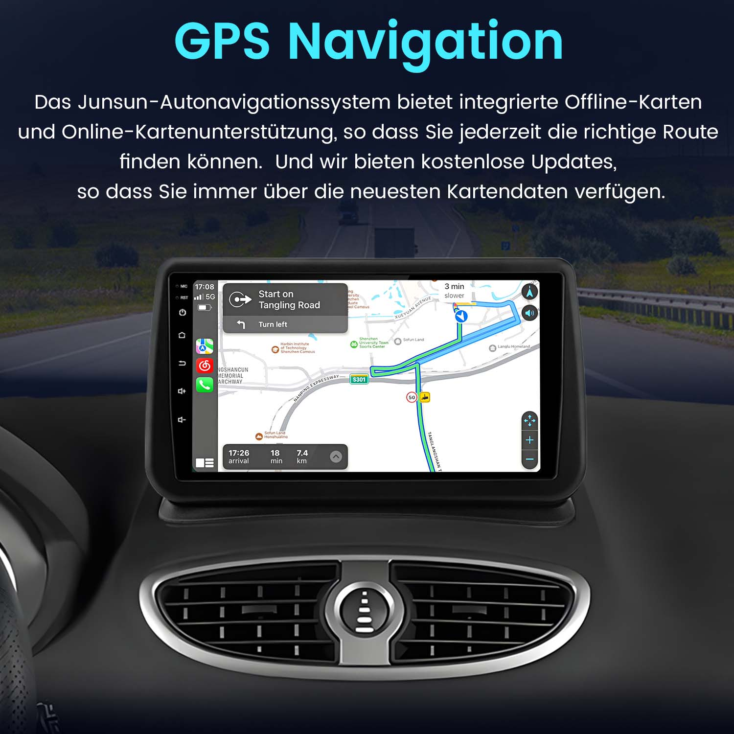 GPS-Navigationsbildschirm in einem Auto mit angezeigter Karte, Text über Offline-Karten und Updates.