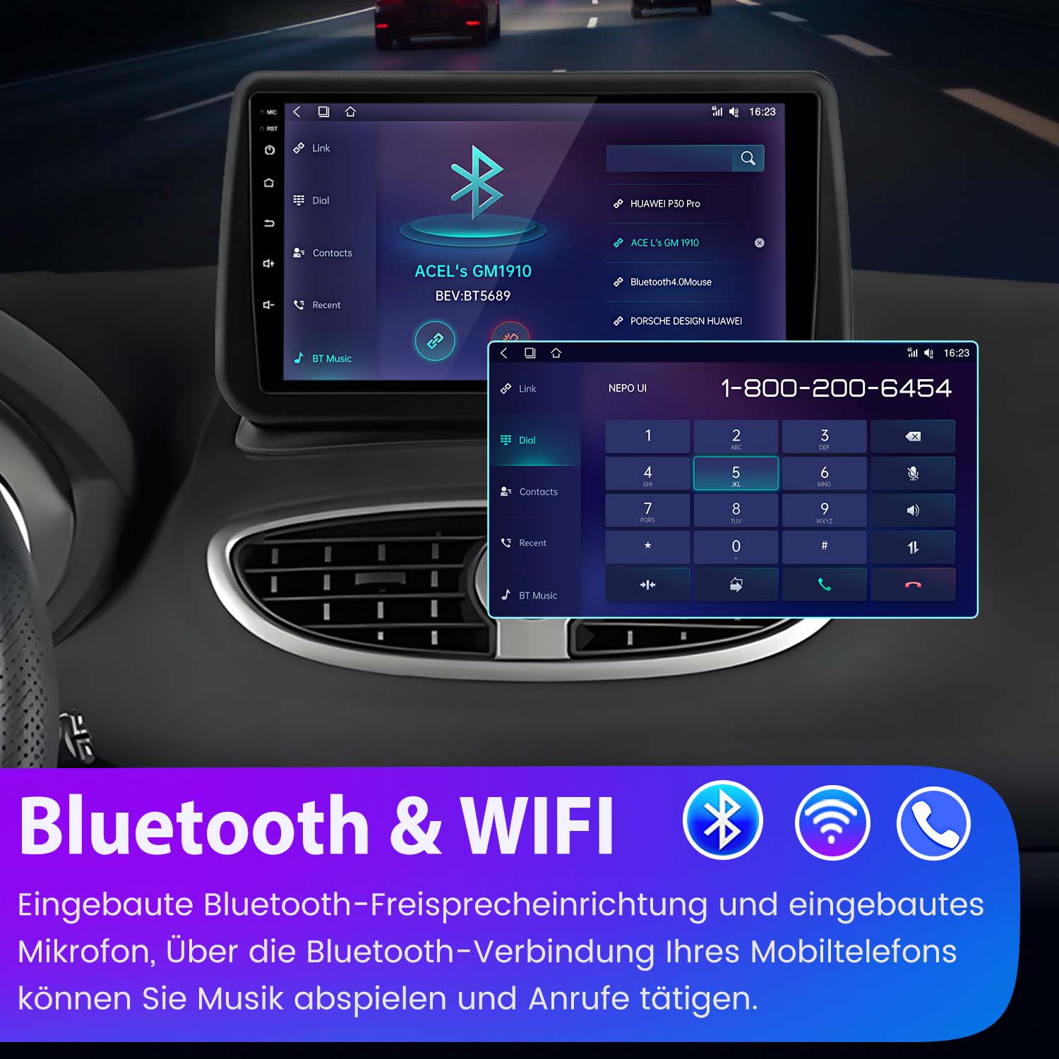 Auto-Bildschirm mit Telefon-Oberfläche und Bluetooth & WIFI-Informationen.