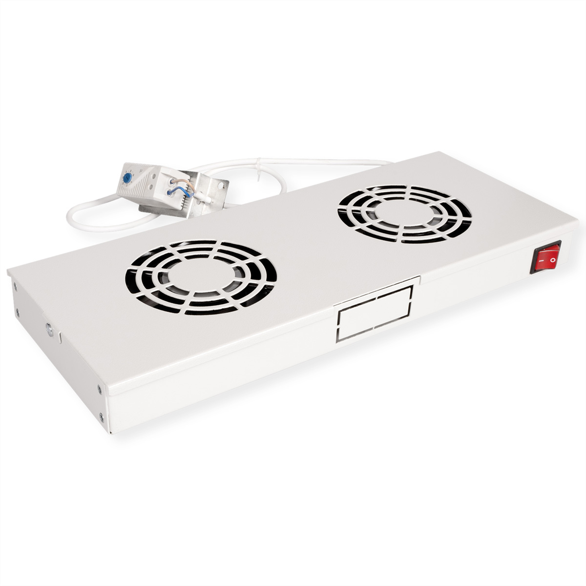 Pannello metallico bianco con due ventole e un interruttore rosso, su sfondo bianco.