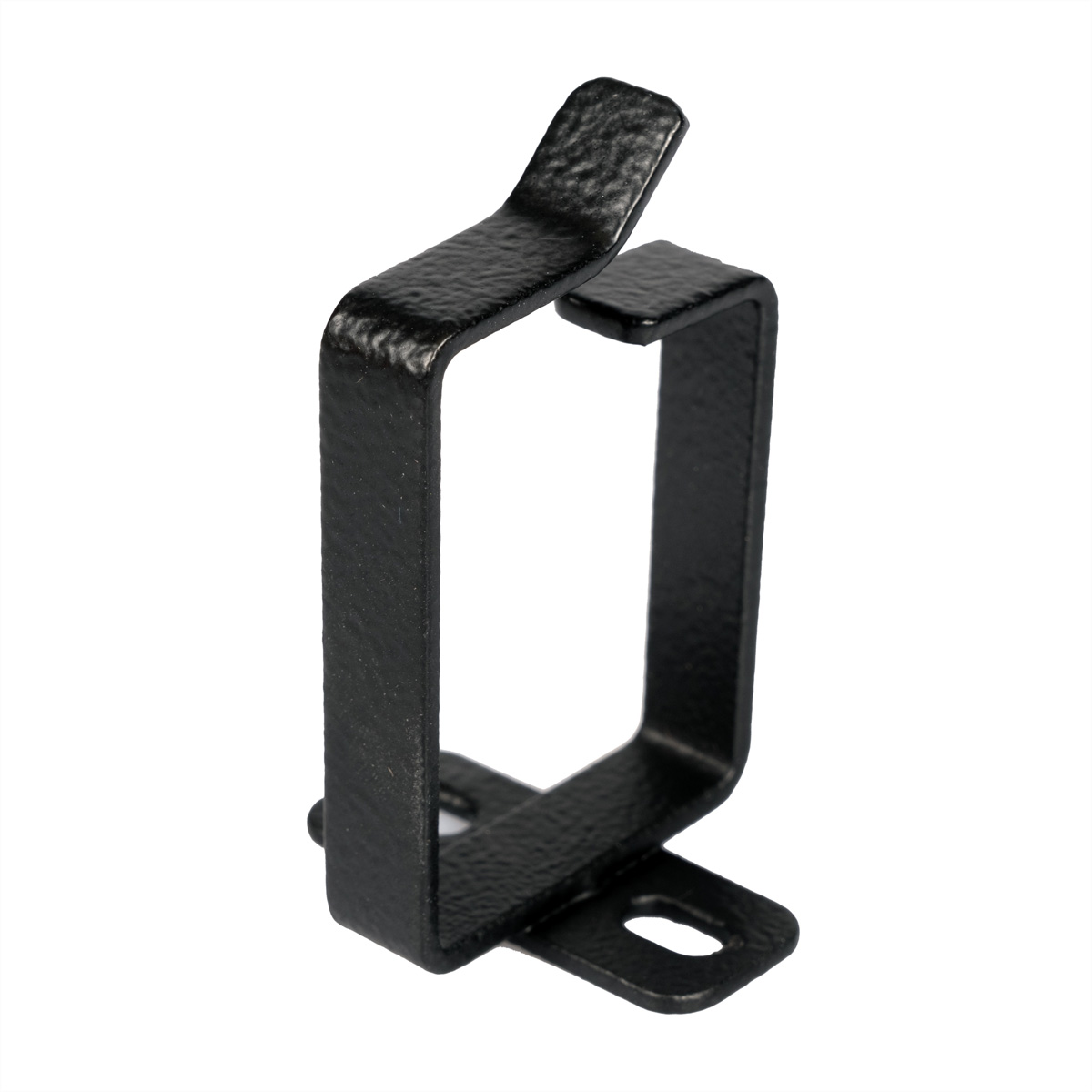 Staffa in metallo nero, a forma di U con finitura strutturata, per il montaggio.