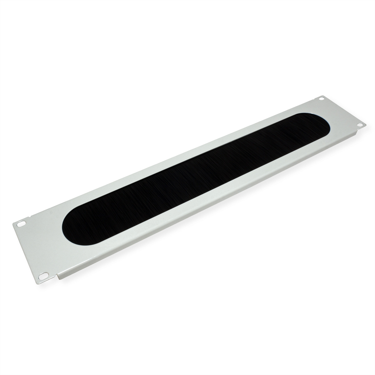 Un pannello rack bianco con una spazzola nera, progettato per la gestione dei cavi.