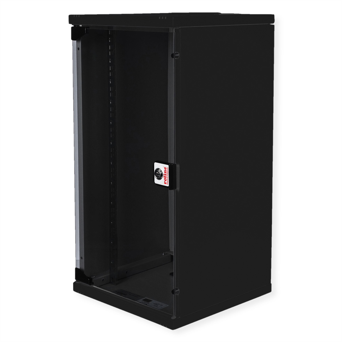 Armadio rack server nero con porta in vetro e serratura, isolato su bianco.
