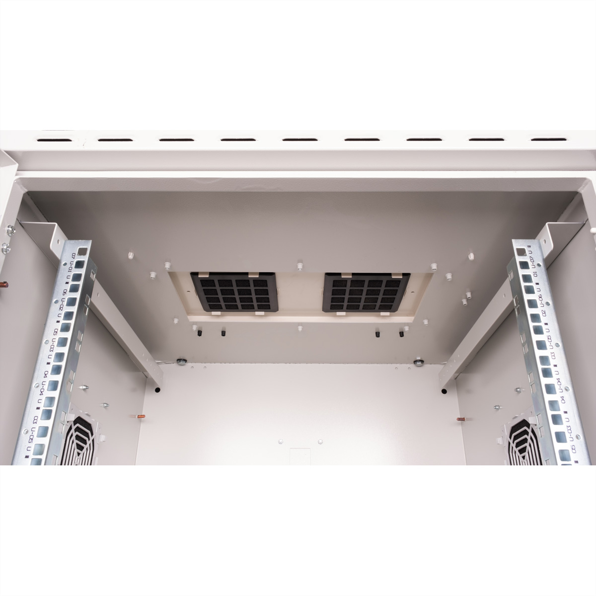 All'interno di un armadio server, che mostra due ventole, fori di ventilazione e guide di montaggio su sfondo bianco.