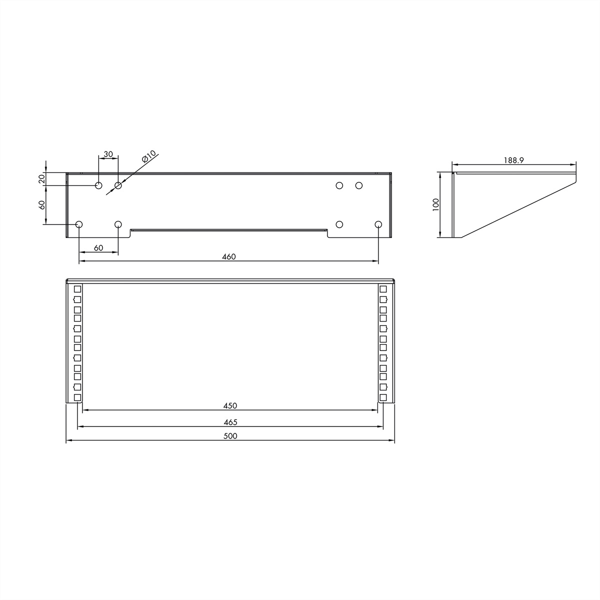 Disegno tecnico con dimensioni di un componente rack, che mostra viste dall'alto e laterali.