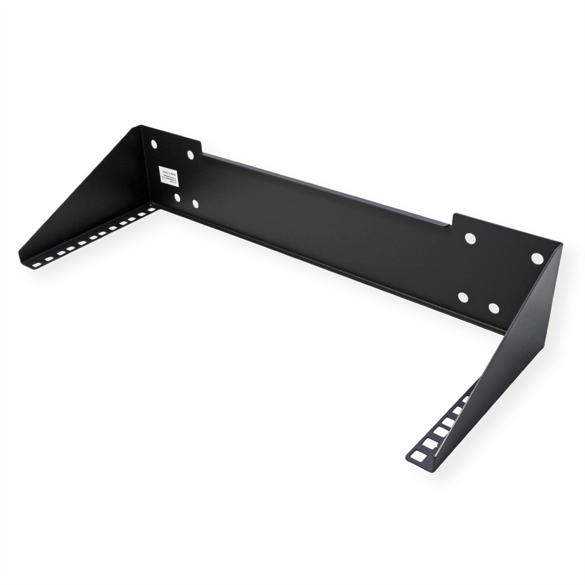 Ripiano nero per rack server, due lati angolati, con fori di montaggio.