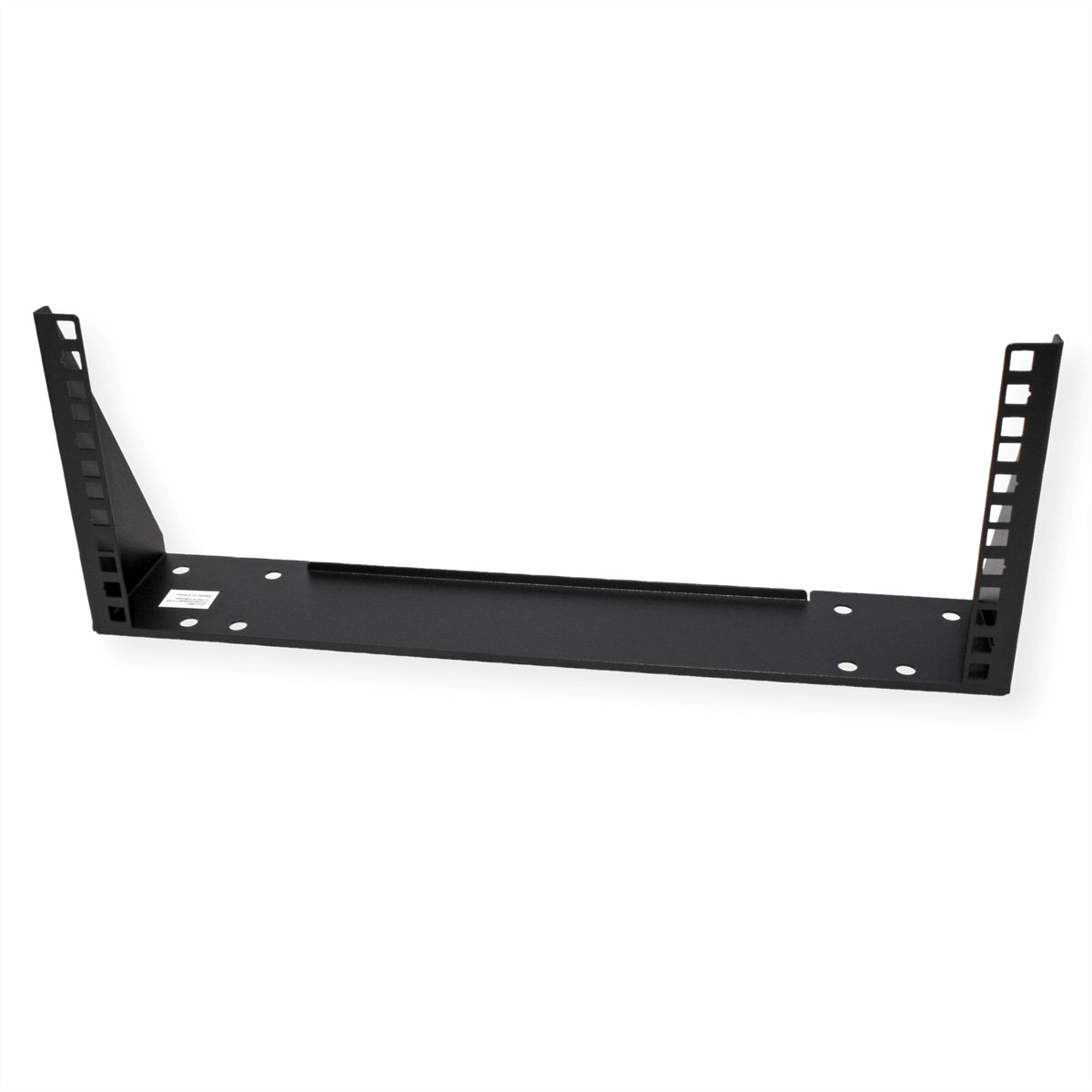 Staffa per rack server in metallo nero su sfondo bianco. Presenta fori di montaggio e lati angolati.