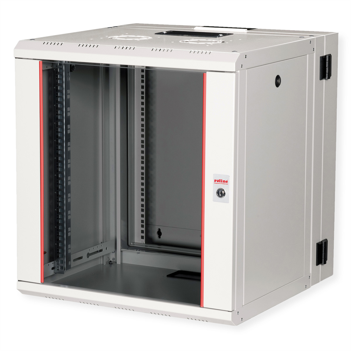 Armadio rack server grigio, dettagli rossi, frontale aperto, con chiave nella serratura.